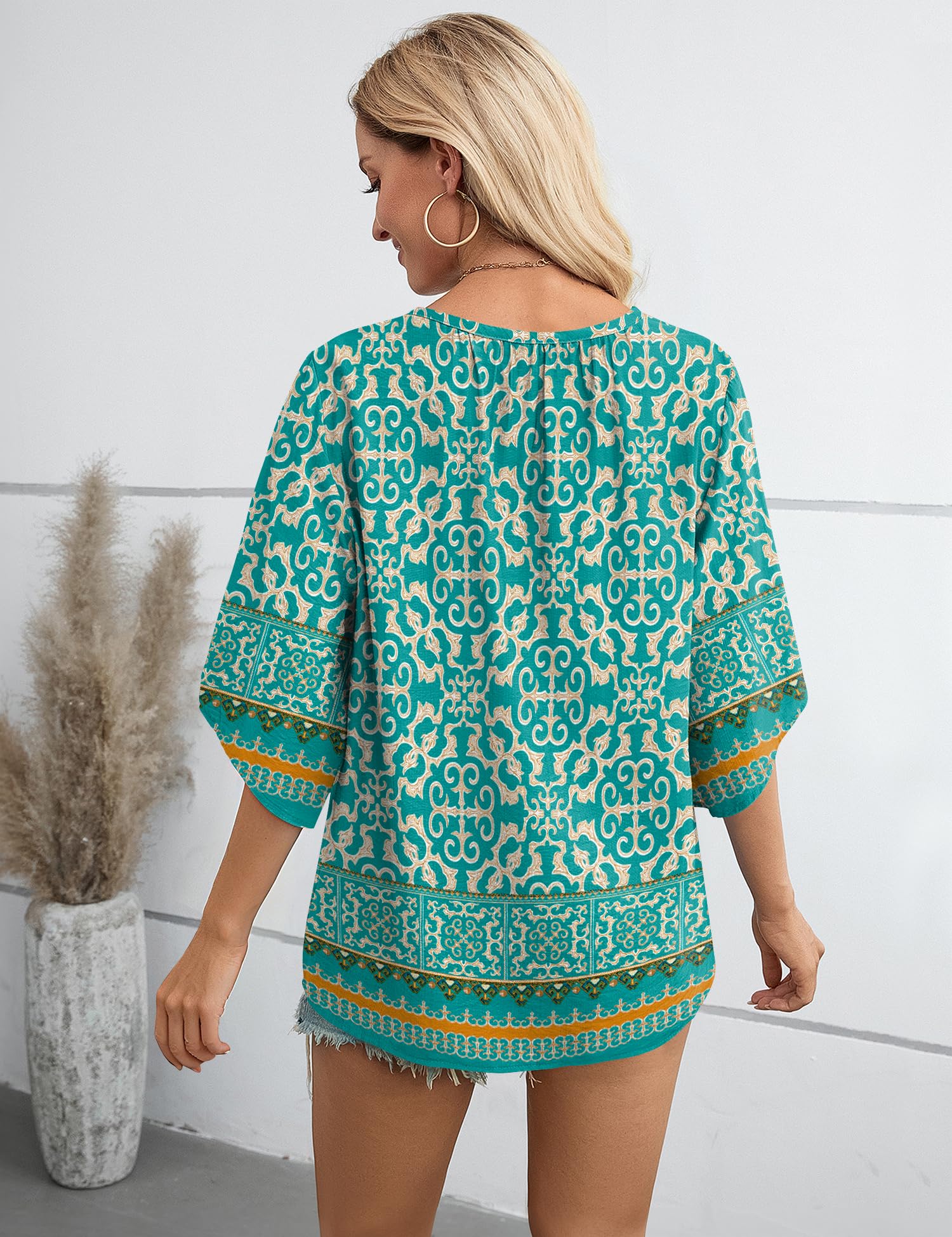 LOMON Womens Plus Size Boho Tops 3/4 Sleeve Linen Top Flowy & Dressy Casual Beach or Office Wear Blue 3XL