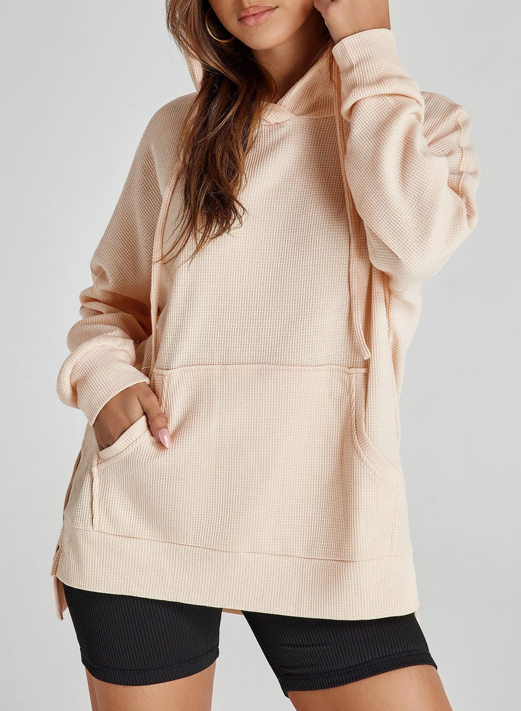 Dokotoo Oversized Hoodies for Women Casual Long Sleeve Autumn Pullover Sweatshirts for Women 2025 Fall Waffle Knit Side Slit Hoodie Sweatshirt Clothes with Pocket Apricot Large
