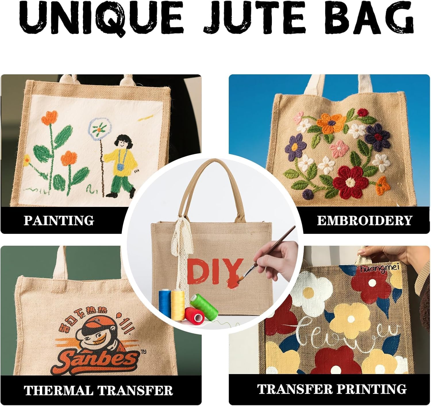 6pcs Burlap Tote Bag Set with Handles, Waterproof Reusable Blank Water Resistant Grocery Bags with Ribbon Large Jute Tote 15.35*6*12 Inch for Women Bridesmaid Gift Beach Shopping Wedding Travel DIY