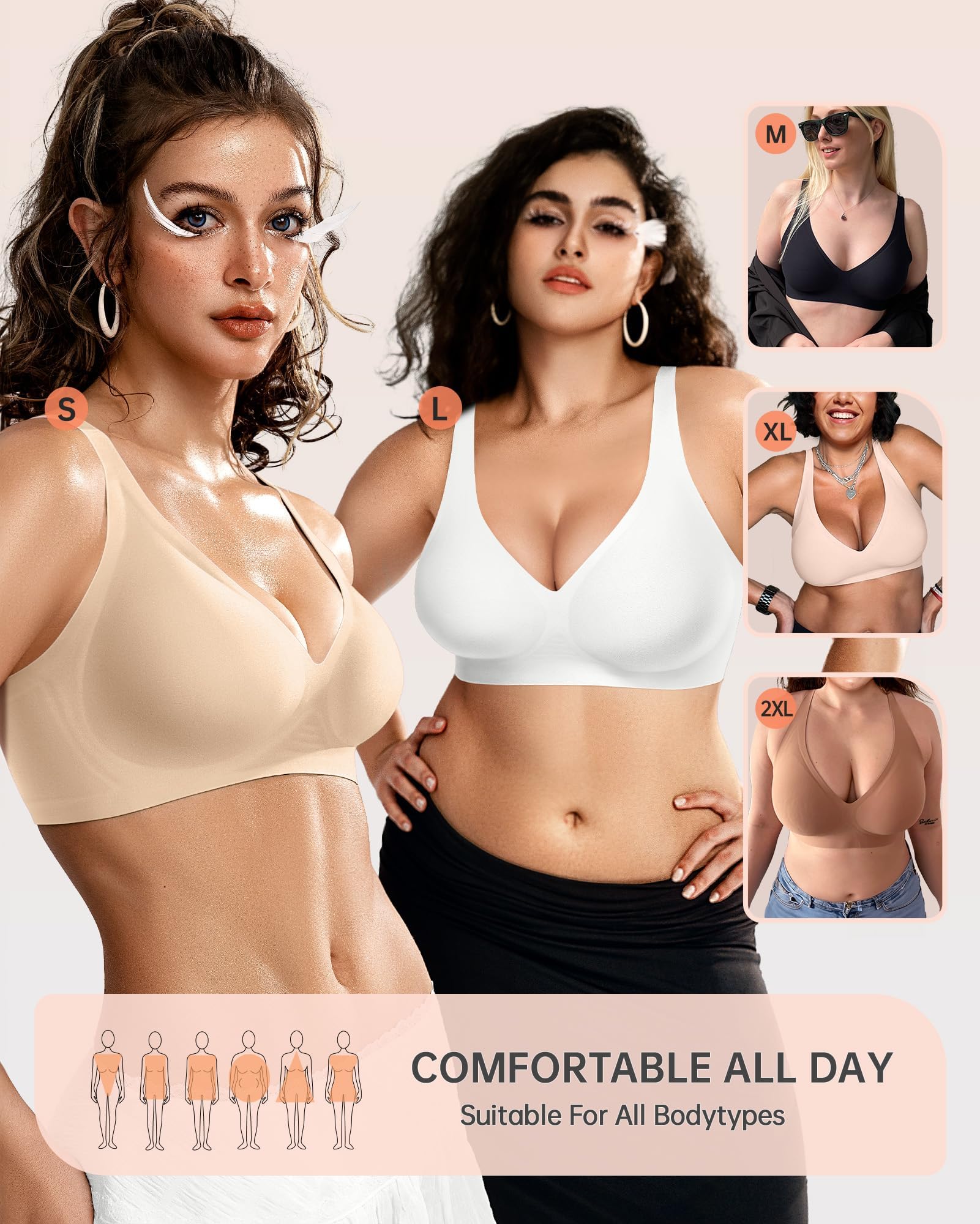 OEAK Womens Deep V Bras Wireless Comfortable Bra Supportive No Underwire Bras Tshirt Push Up Bralettes Plunge Seamless Bra Beige L