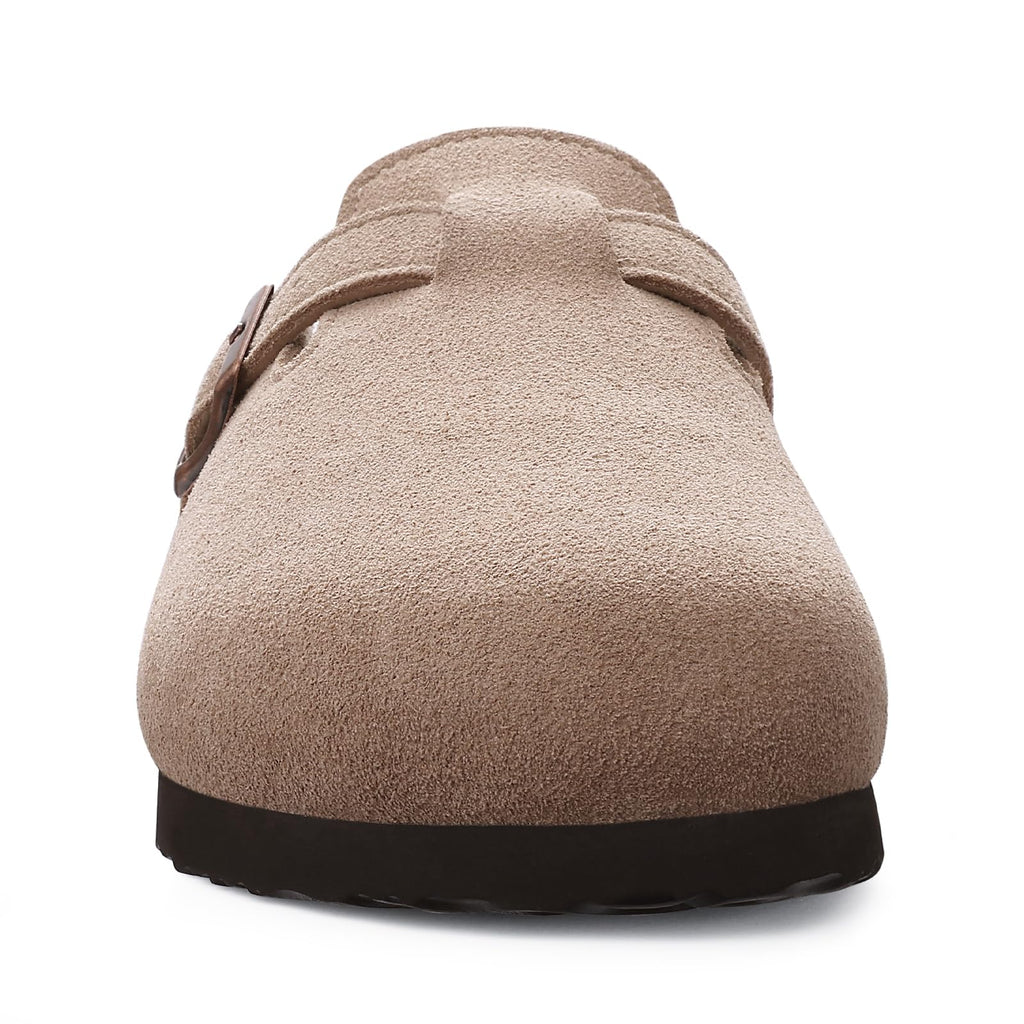 ODOLY Genuine Suede Clogs for Women Men Soft Cork Footbed Leather Mules Comfort Potato Shoes with Arch Support, Taupe 39