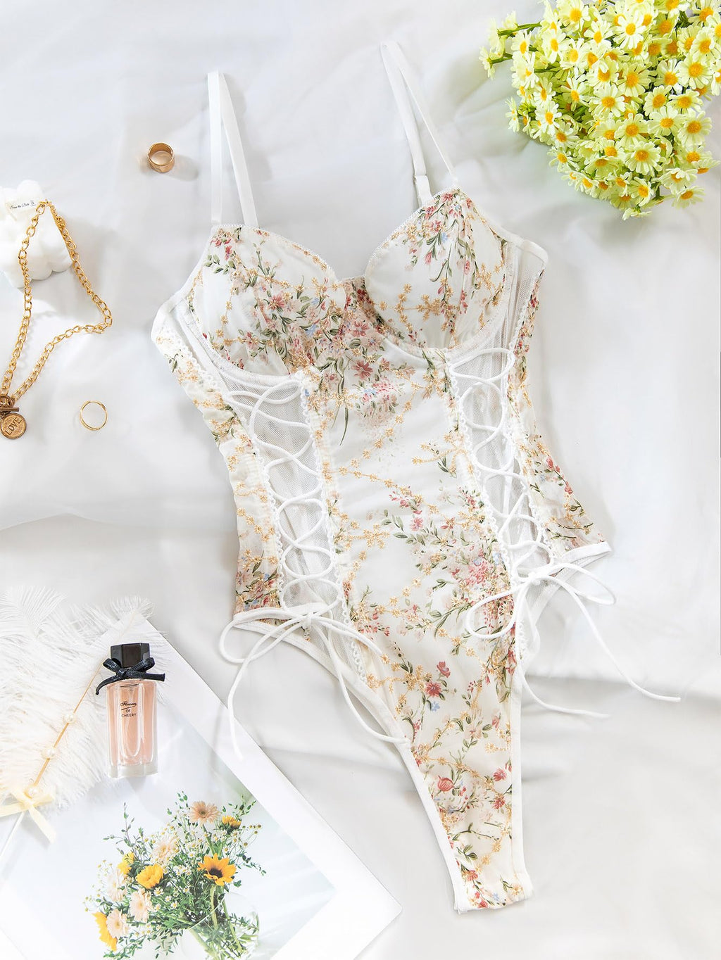 Lilosy Women Sexy Lace Up Floral Embroidered Teddy Lingerie Bodysuit Top Mesh Sheer One Piece Babydoll See Through Underwire Flower White Medium