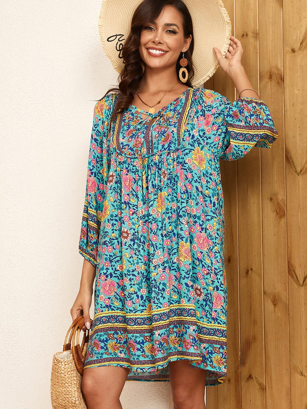 Qearal Womens Dresses Casual Summer V Neck 3/4 Sleeve Flowy Beach Boho Floral Dress Blue XL