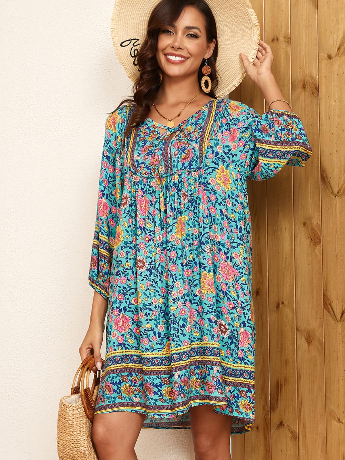 Qearal Womens Dresses Casual Summer V Neck 3/4 Sleeve Flowy Beach Boho Floral Dress Blue XL
