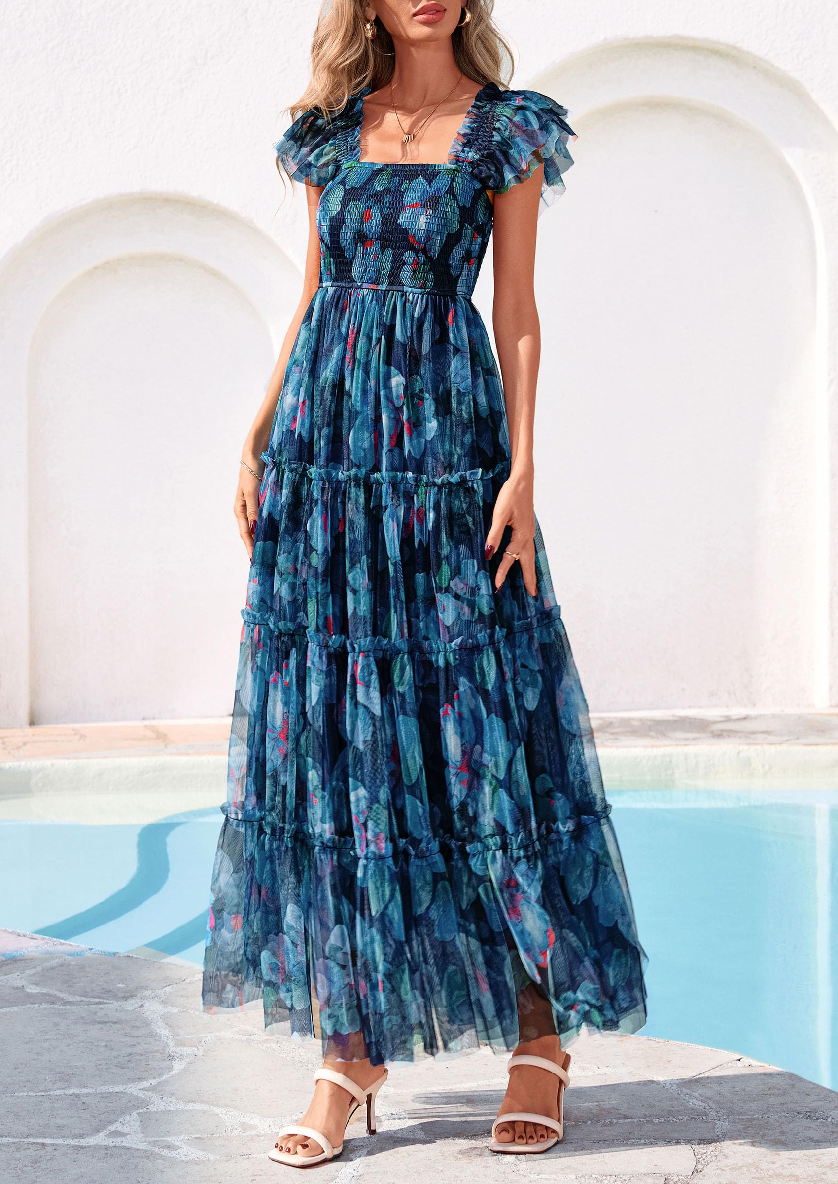 PRETTYGARDEN Women's Summer Tulle Midi Dress Sleeveless Smocked Ruffle Flowy Mesh Dresses Party Wedding Guest Sundress (Floral Navy Blue,Large)