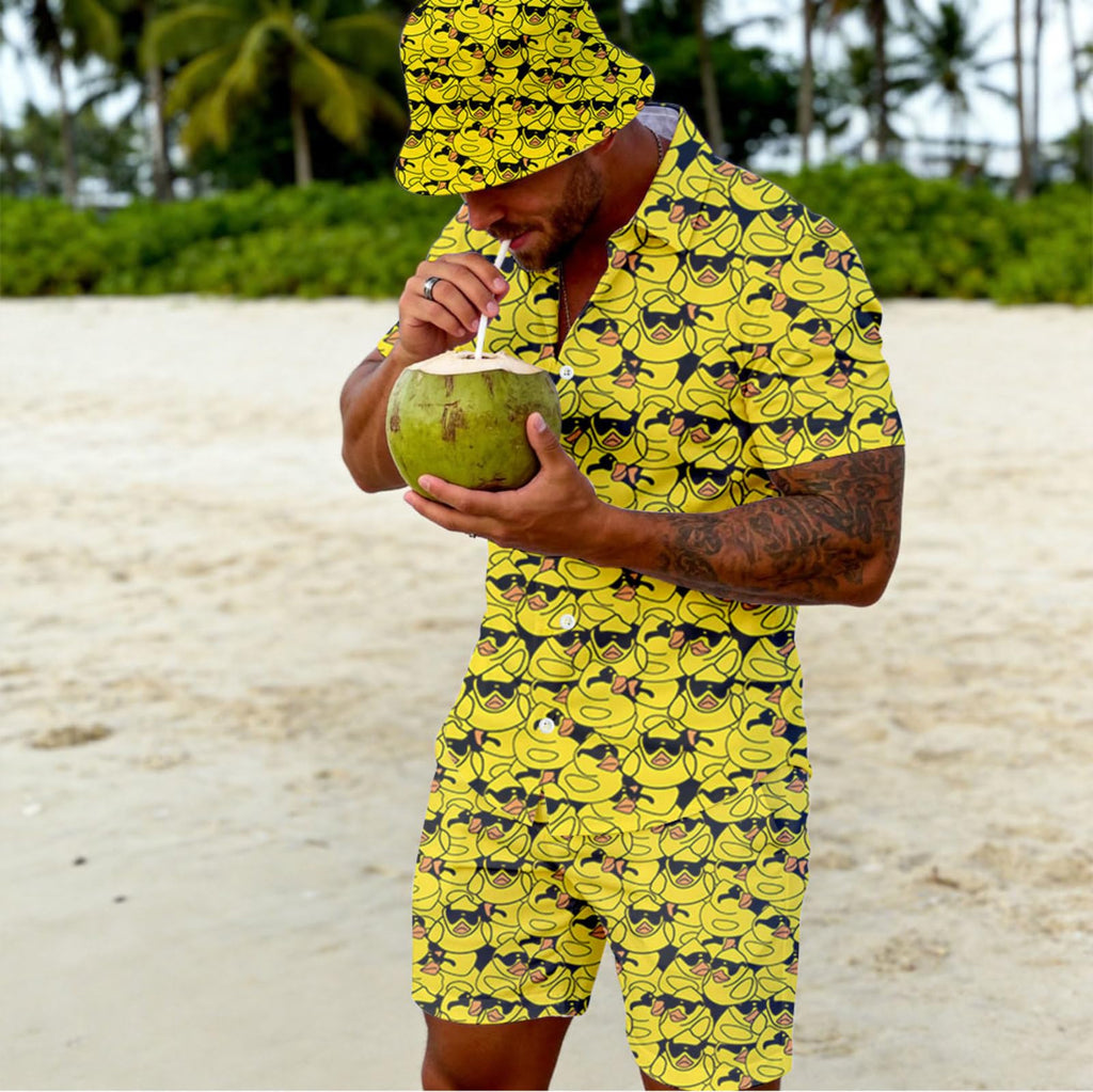 Wdpsuxin Mens Sunglasses Rubber Duck 2 Piece Short Set Hawaiian Button Down Shirt And Compression Liner 2 In 1 Shorts Sets With Bucket Hats Large