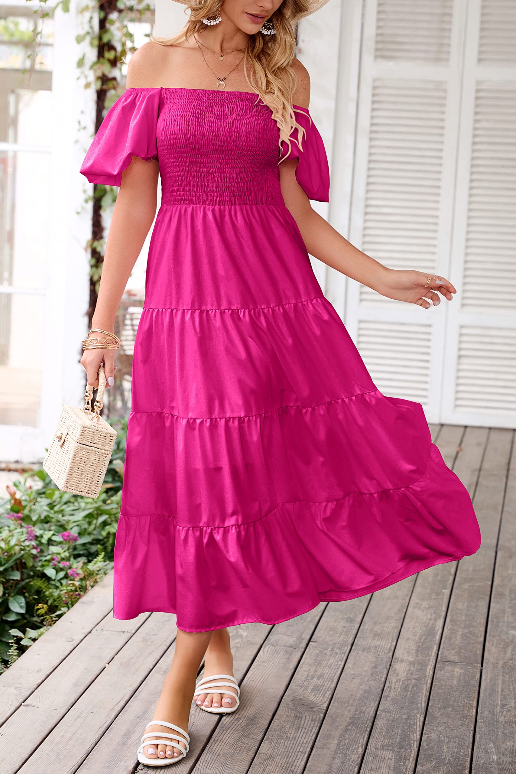 PRETTYGARDEN Women's Casual Summer Midi Dress Puffy Short Sleeve Square Neck Smocked Tiered Ruffle Dresses, Lightweight (Dark Rose Red,Small)
