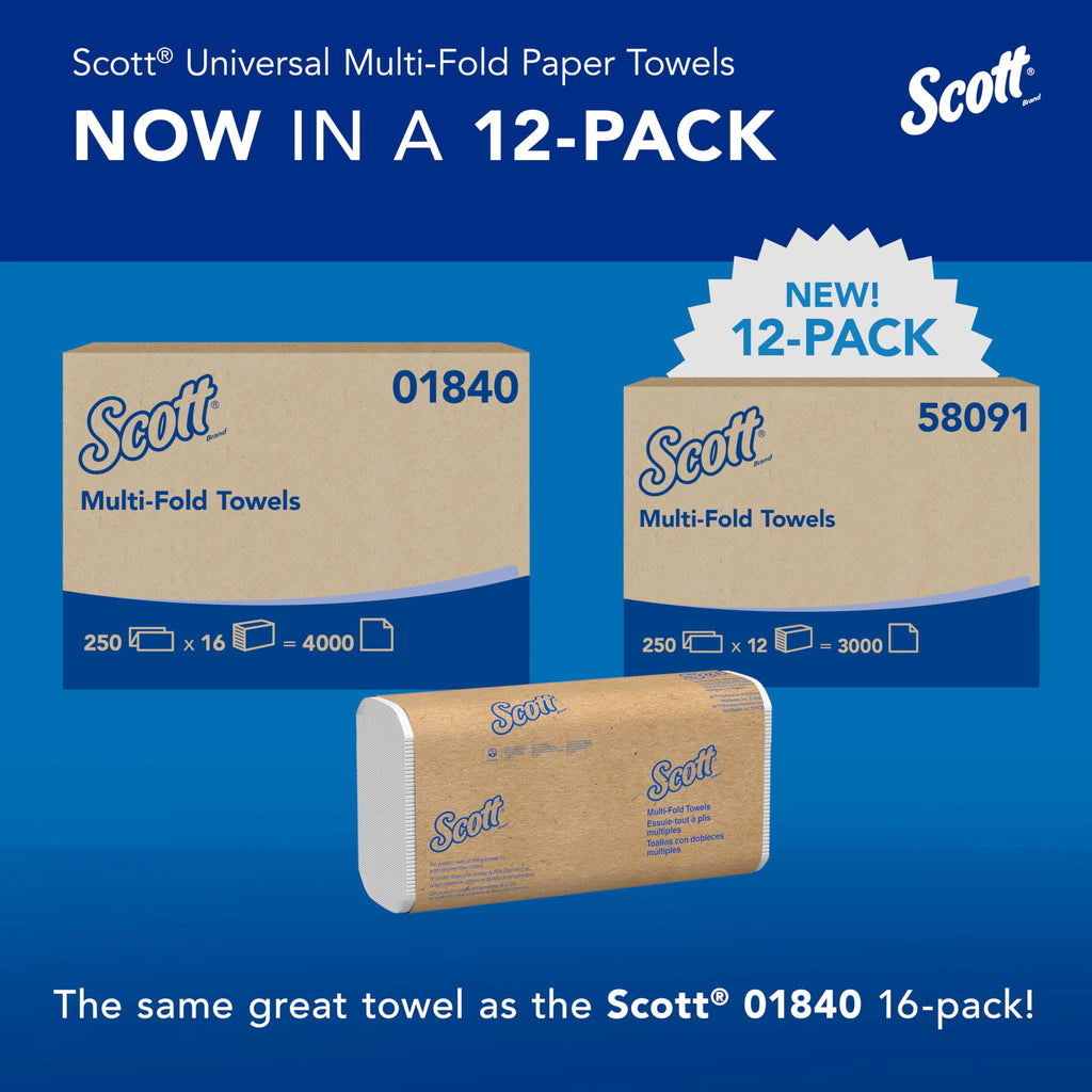 Scott Professional Universal Multifold Paper Towels, Bulk (58091), Absorbency Pockets, White, 9.2"x9.4" Towel, White, Compressed, Compact (250 Sheets/Pack, 12 Packs/Case, 3,000 Sheet Total)