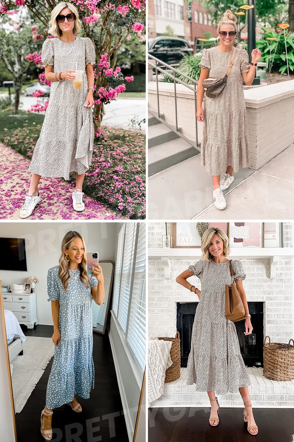 PRETTYGARDEN Summer Dresses for Women 2025 Casual Floral Boho Midi Sun Dress Puff Short Sleeve Flowy Beach Vacation Sundress (Blue Apricot,Medium)