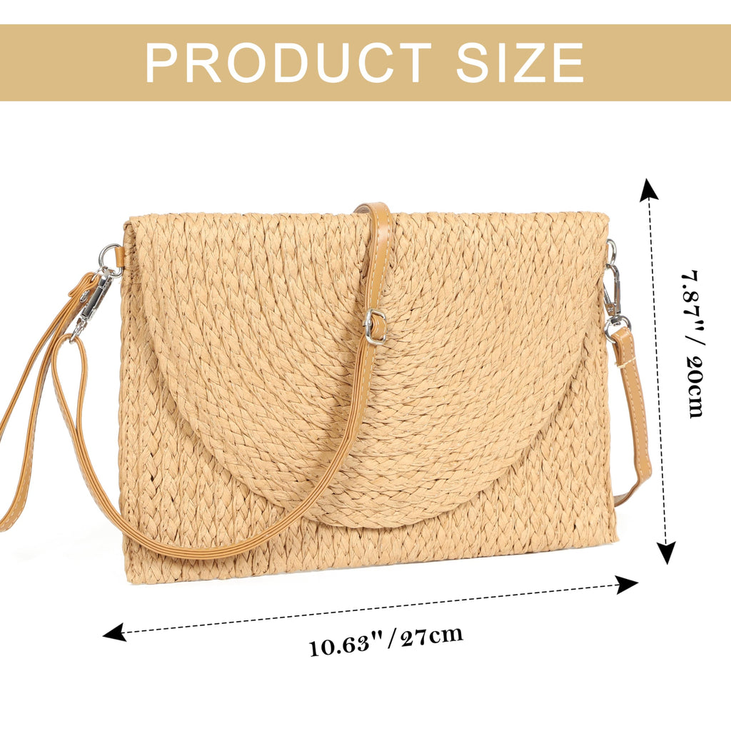 LA CARRIE Beach Bags Straw Purse for Women Shoulder Woven Clutch Envelope Crossbody Bag Handbags for Summer Vacation(Khaki 1)