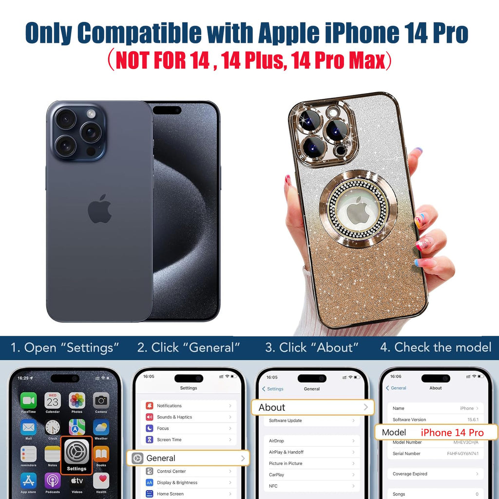 Misscase for iPhone 14 Pro Magnetic Glitter Case Compatible with MagSafe,Full Protection Slim Shockproof Anti-Scratch Case with Camera Lens Protector Logo View Dust-Proof Net for Women Gold