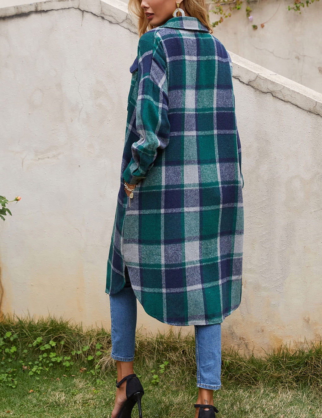 Himosyber Women's Casual Plaid Lapel Woolen Button Up Pocketed Long Shacket Coat(Green-XXL)