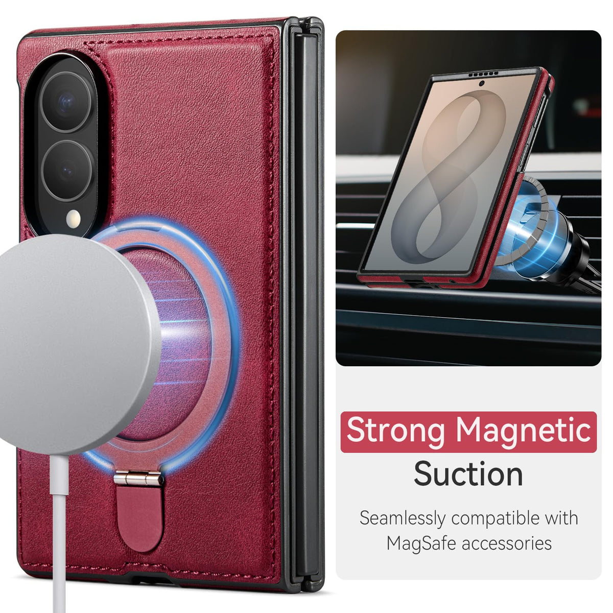 CHEEWADA for Galaxy Z Fold 8 Case with Stand Compatible with Magsafe, Red