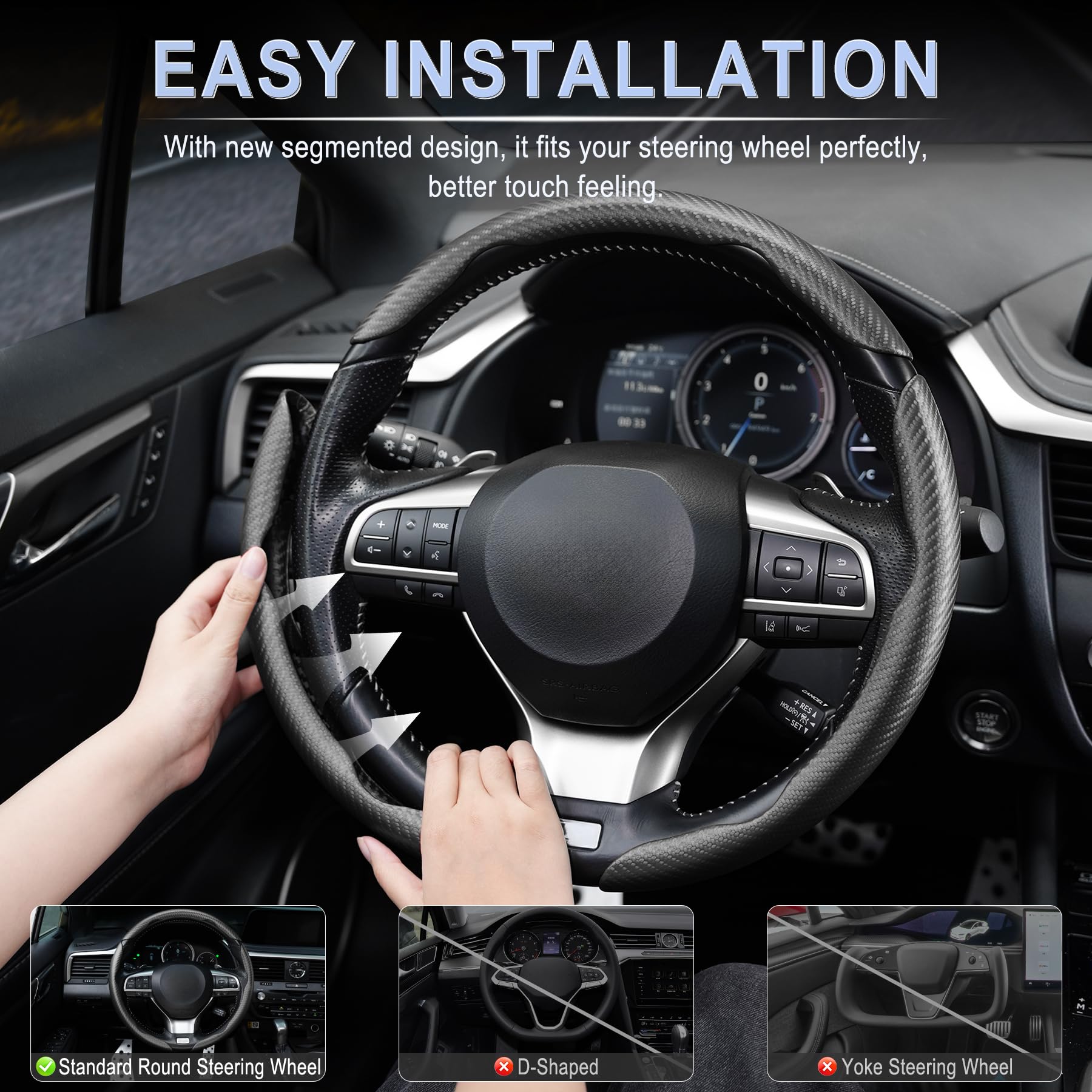 Amiss 3pcs Carbon Fiber Anti-Skid Steering Wheel Cover, Waterproof & Segmented Butterfly Design, Universal 99% Vehicle Wheel Cover Protector, Car Interior Accessories, Black