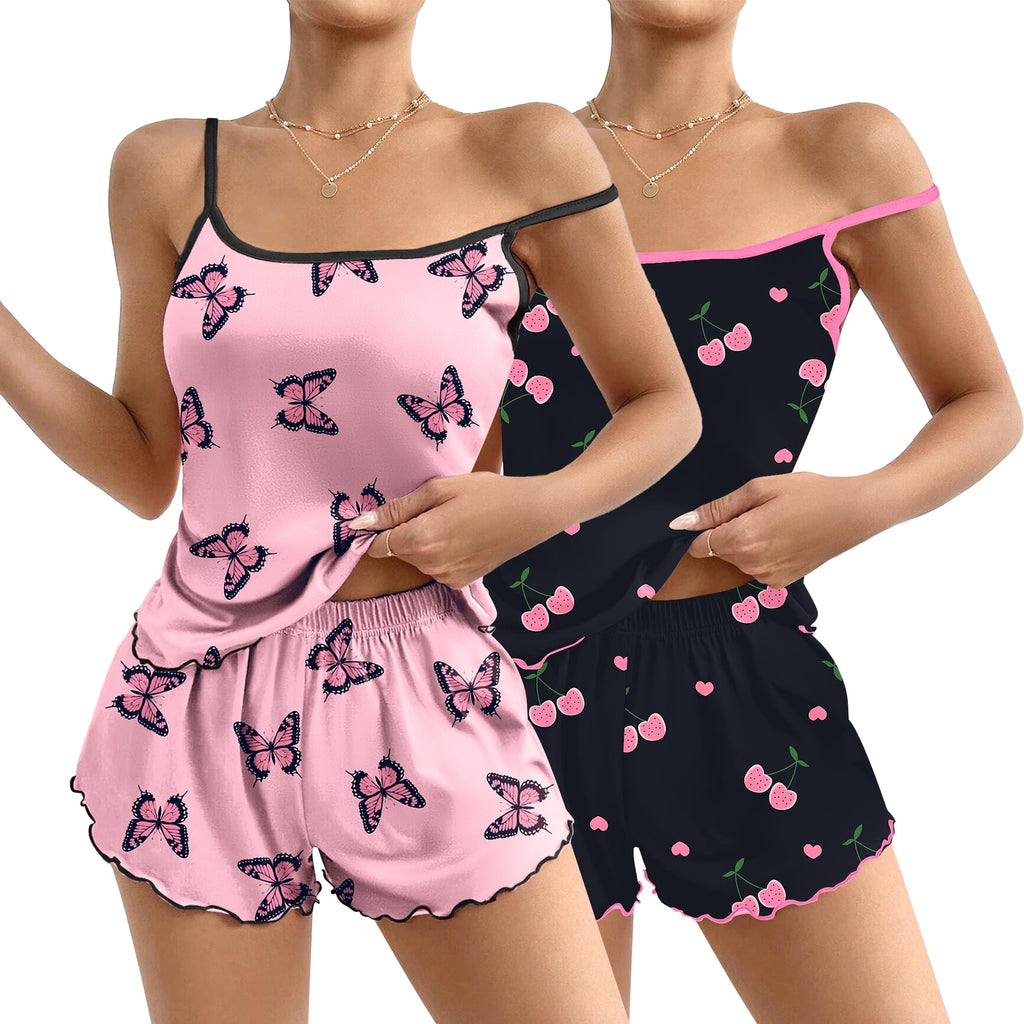 Ekouaer 2 Pack Womens Cami Pajama Sets Cute Print Tank Top Pjs and Shorts Camisole Lounge Set Pink Butterfly&Black Cherry