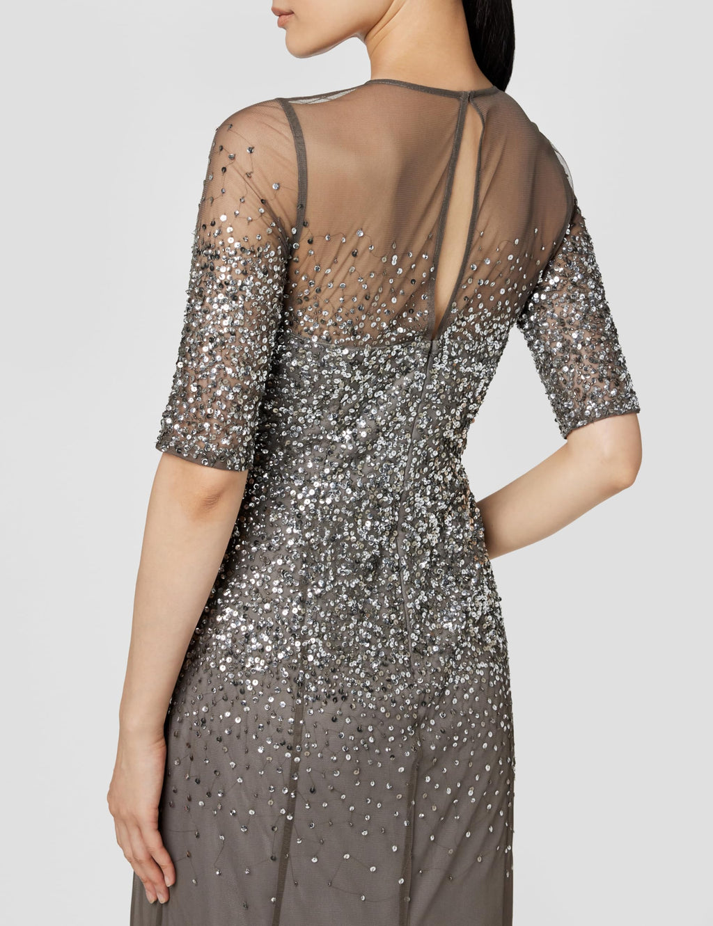 Adrianna Papell Women's 3/4 Sleeve Beaded Illusion Gown with Sweetheart Neckline, Lead, 6