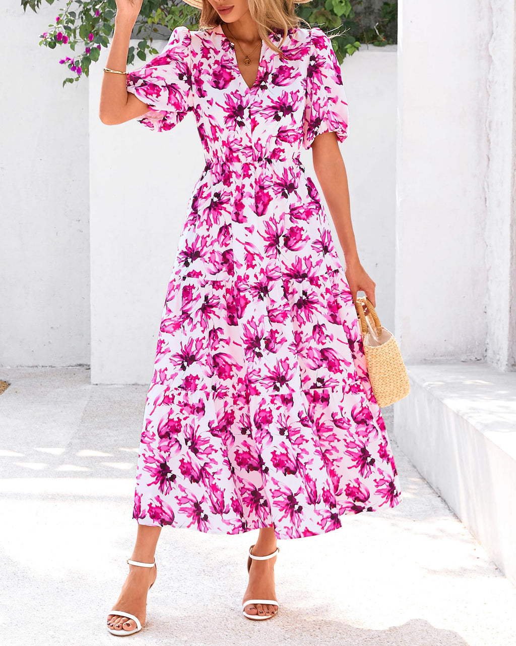 dowerme Womens Summer Dresses 2026 Casual Puff Short Sleeve V Neck Floral Boho Tiered Ruffle Maxi Dress with Pockets(White Purple Pink,Small)