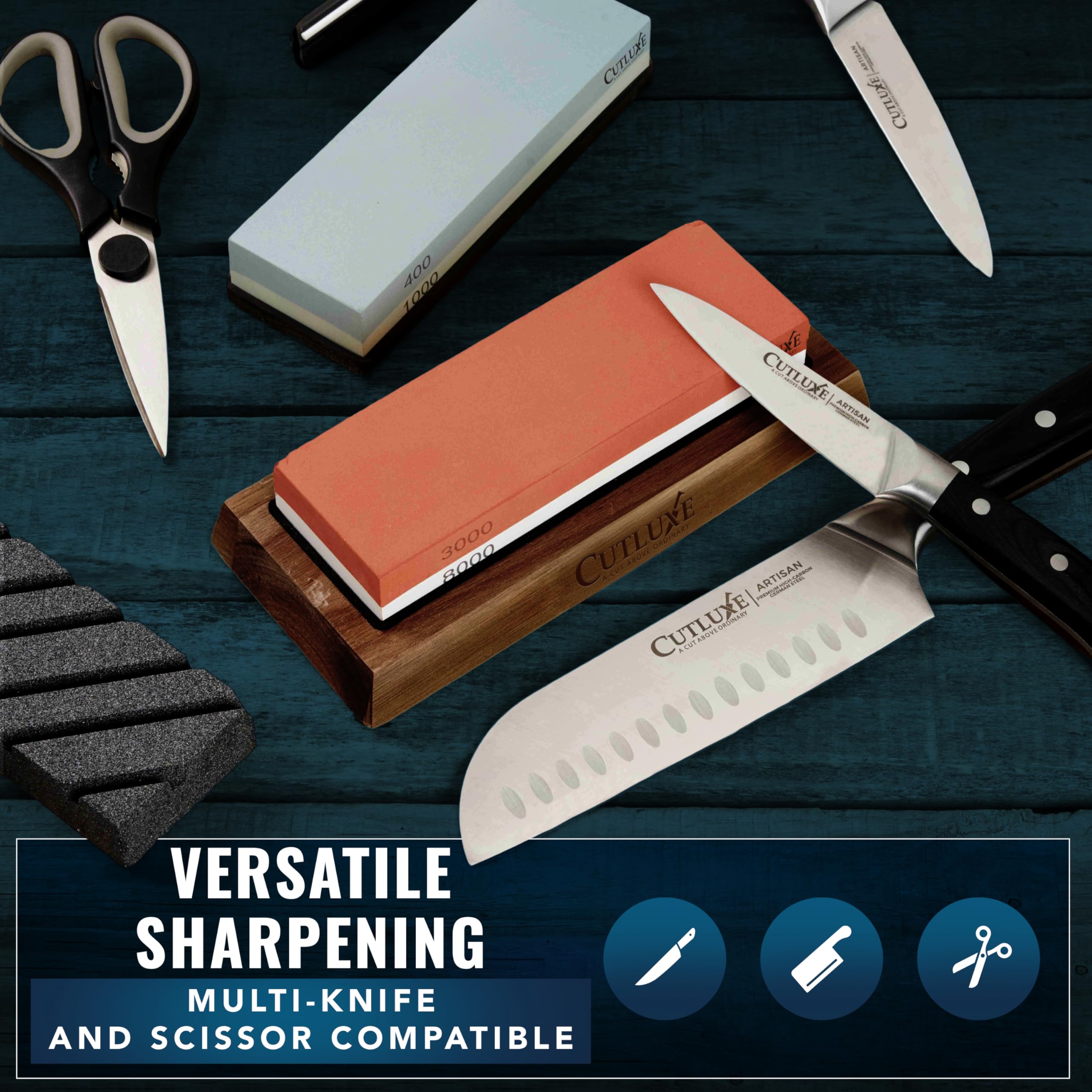 Cutluxe Whetstone Knife Sharpener – Sharpening Stone Kit, Professional 4 Side Grit 400/1000/3000/8000, Non Slip Acacia Wood Base, Angle Guide, Black Flattening Stone, Leather Strop