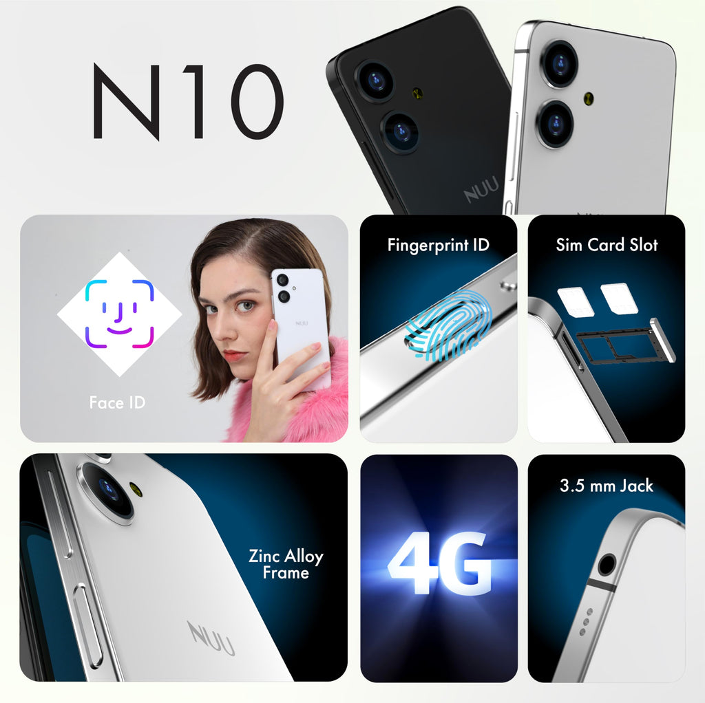 NUU N10 Basic Cell Phone for T-Mobile, Mint, Metro, Qlink, Tello and More 4GB/128GB, Perfect for Teenagers, Dual SIM 4G, Octa-Core 6.6" 90Hz HD+, Unlocked Phones Android Phone 15, US Warranty (Black)