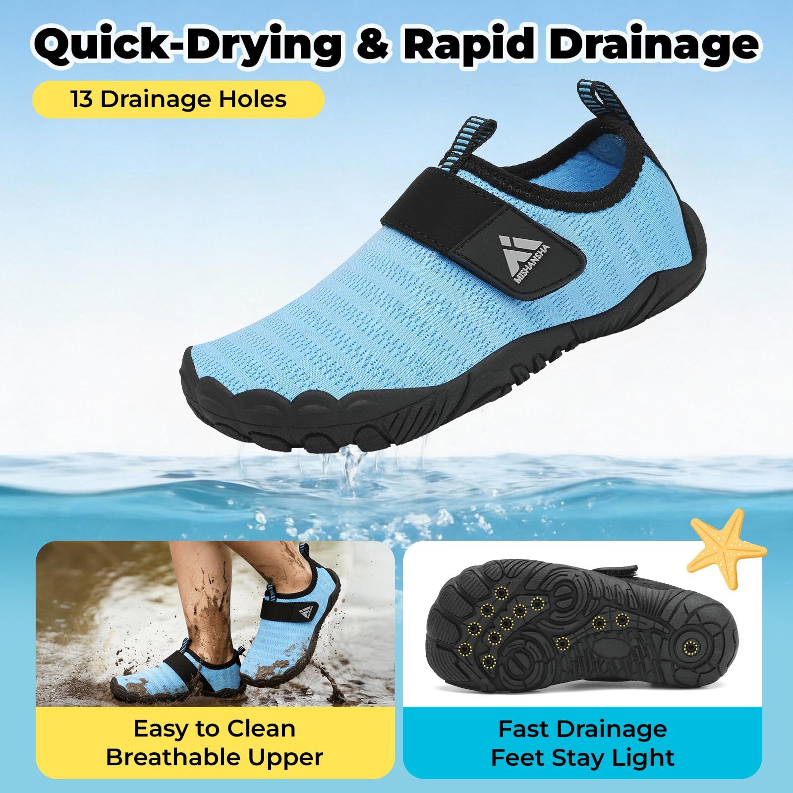 Mishansha Kids Water Shoes Quick-Dry Wide Toe Box Non-Slip Barefoot Shoes Beach Pool Swim Shoes Sky Blue 2.5 Big Kid