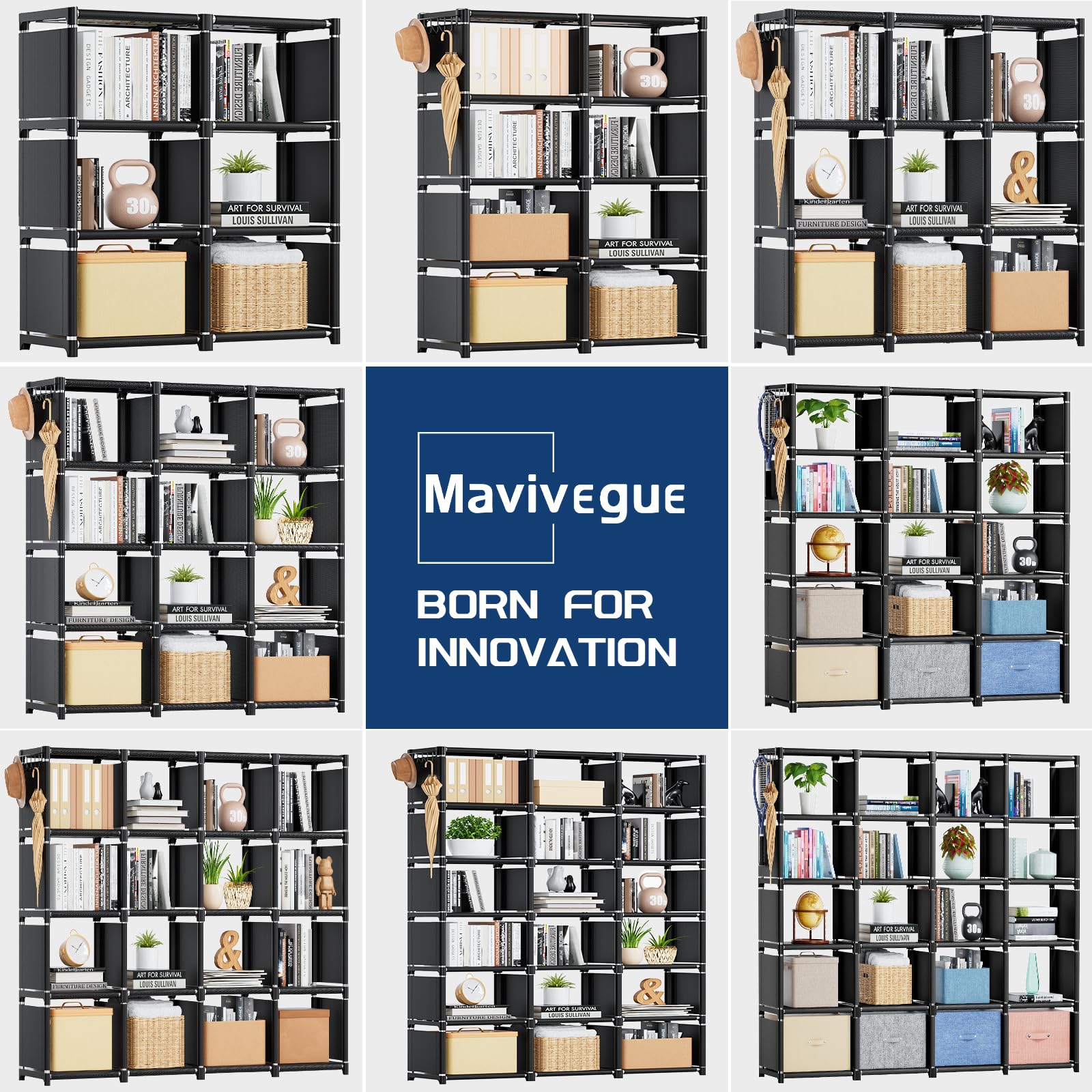 Mavivegue Bookcase, 18-Cube Extra Large Book Shelf, DIY Cube Storage Organizer for Bedroom, Living Room, Home Office - Black