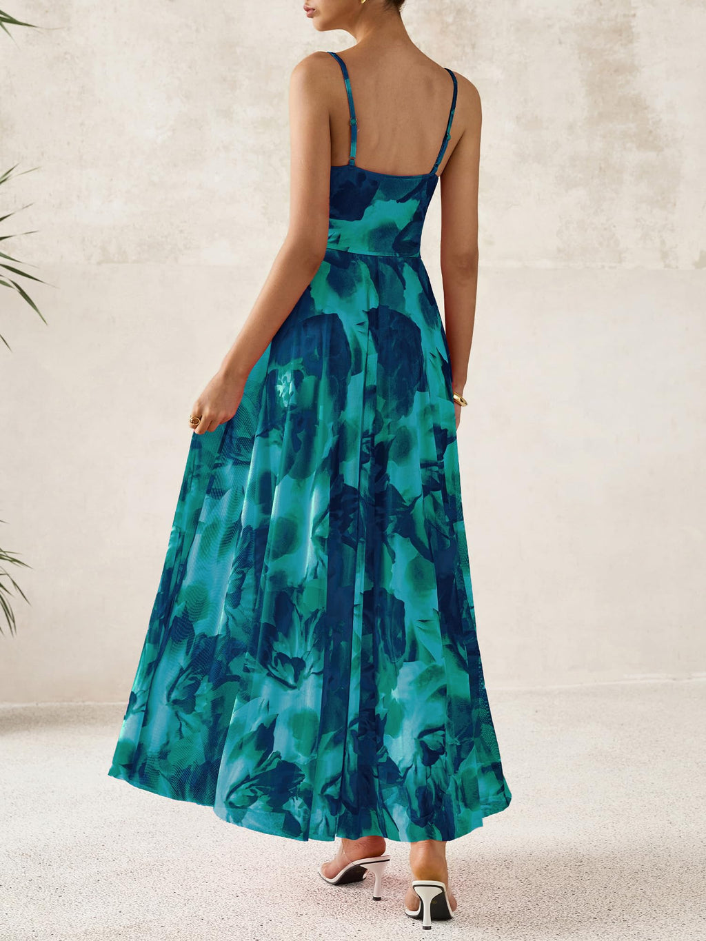 BTFBM Women Summer Floral Maxi Dresses Elegant Spaghetti Strap Dress Printed Party Dress Beach Long Dresses(Floral Lake Blue,Large)