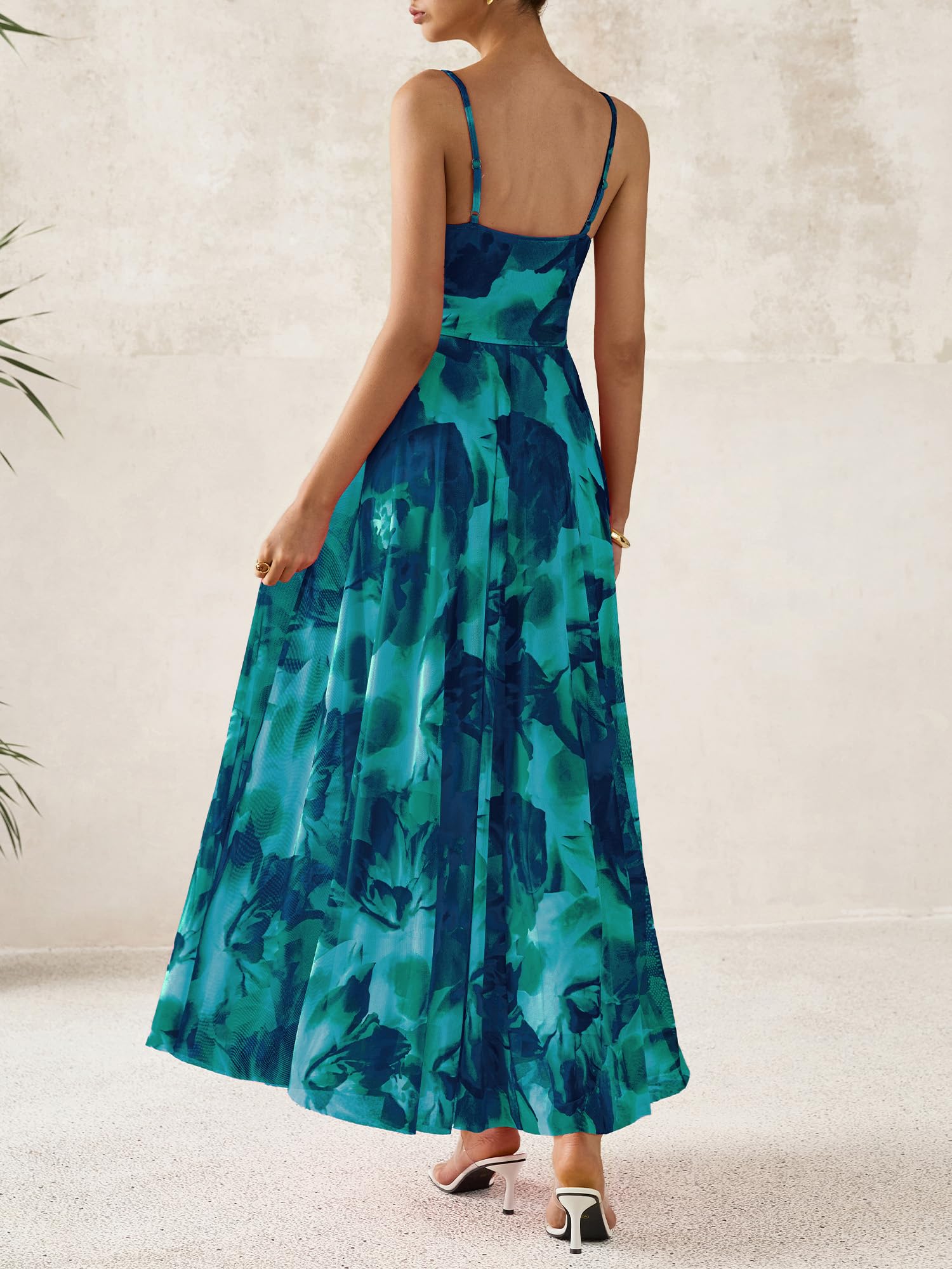BTFBM Women Summer Floral Maxi Dresses Elegant Spaghetti Strap Dress Printed Party Dress Beach Long Dresses(Floral Lake Blue,Large)