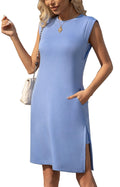 BEXIBOOM 2026 Summer Women's Casual Sleeveless Round Neck Midi Dress Loose Fit Split Wrinkle-Free Dress with Pockets Denim Blue-M