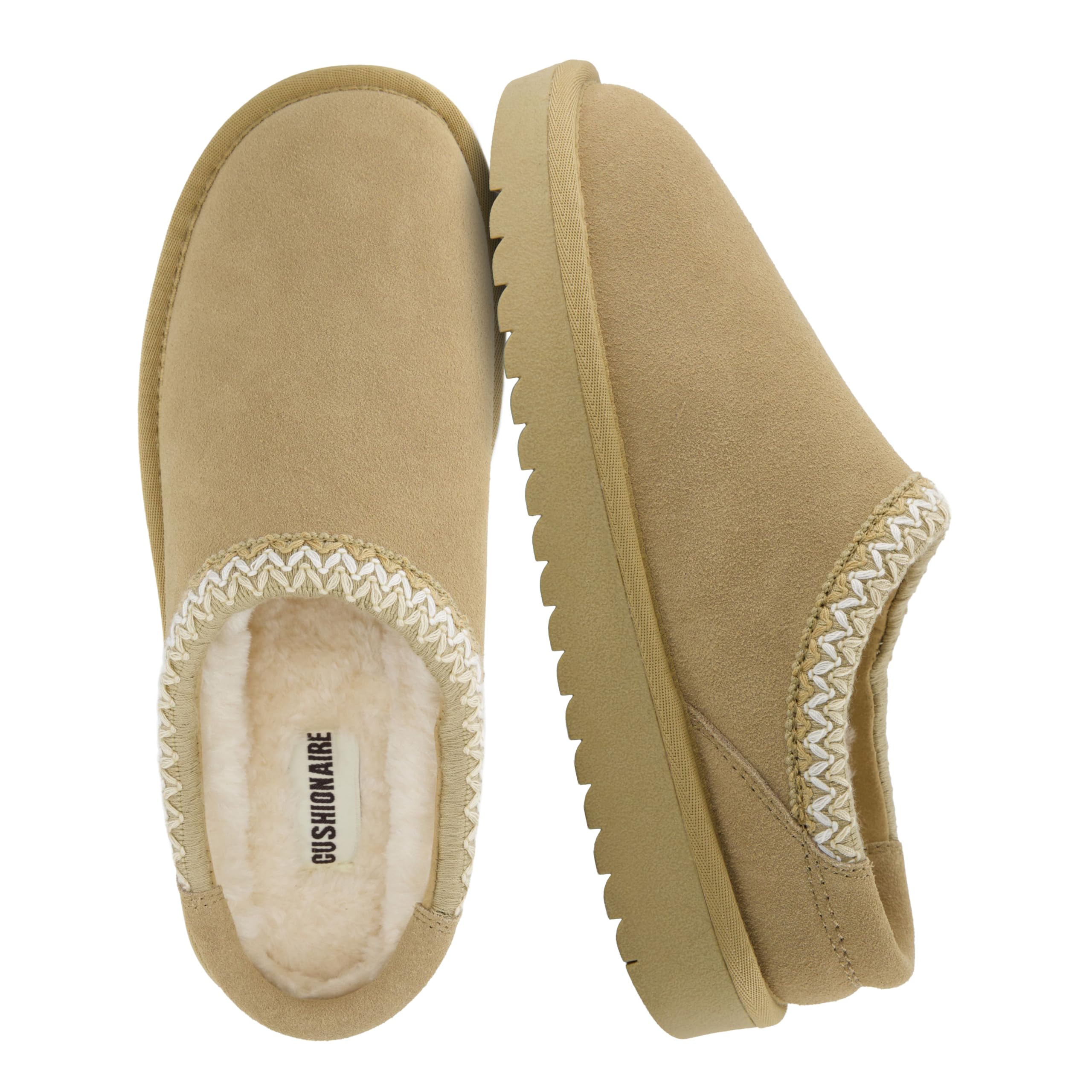 CUSHIONAIRE Keto Womens Slippers- Genuine Suede Cozy & Stylish, Memory Foam & Faux Shearling Winter Slippers for Women BISCUIT 7.5