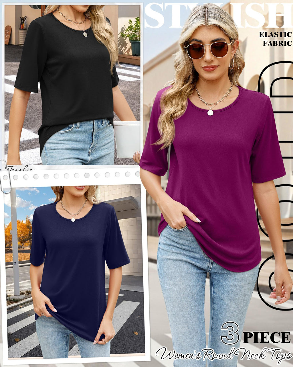 Huukeay 3 Pcs Women's Half Sleeve Crew Neck T Shirts, 3-Color, XXL