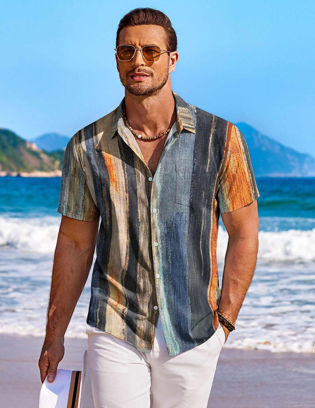 COOFANDY Mens Hawaiian Shirts Short Sleeve Button Down Shirts Casual Summer Shirts for Men, Striped - Oil Painting, Large