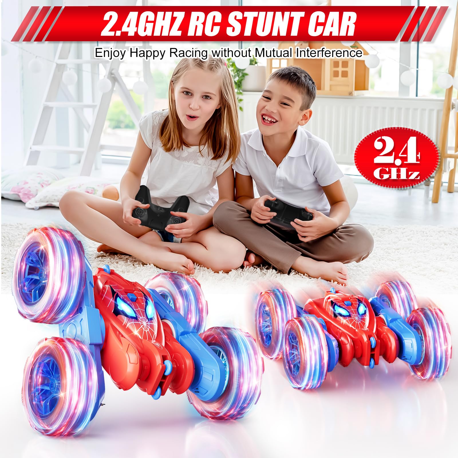Spider Remote Control Car, 360° Stunt RC Cars for Kids Ages 6-12 Double-Sided Rotation, 4WD Cool Wheel Lights&2.4GHz Control; Rechargeable Electric Race Car Toys Gift for Boys Girls (Red&Blue)