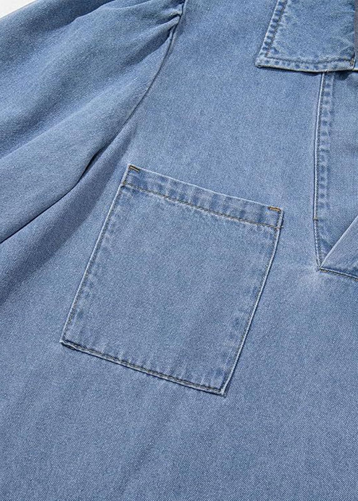 CHARTOU Women 3/4 Sleeve Ruffle Denim Dress Summer Collared V Neck Loose Shirt Jean Dress with Pockets (Large, Light Blue)