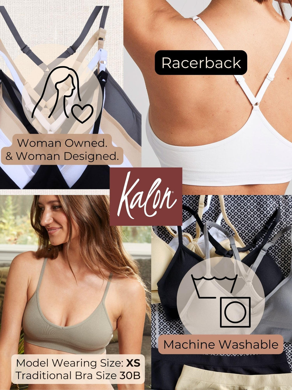 Kalon Women’s 4 Pack Racerback Sports Bralette Seamless Wireless Comfort Bra (Large, Basics)