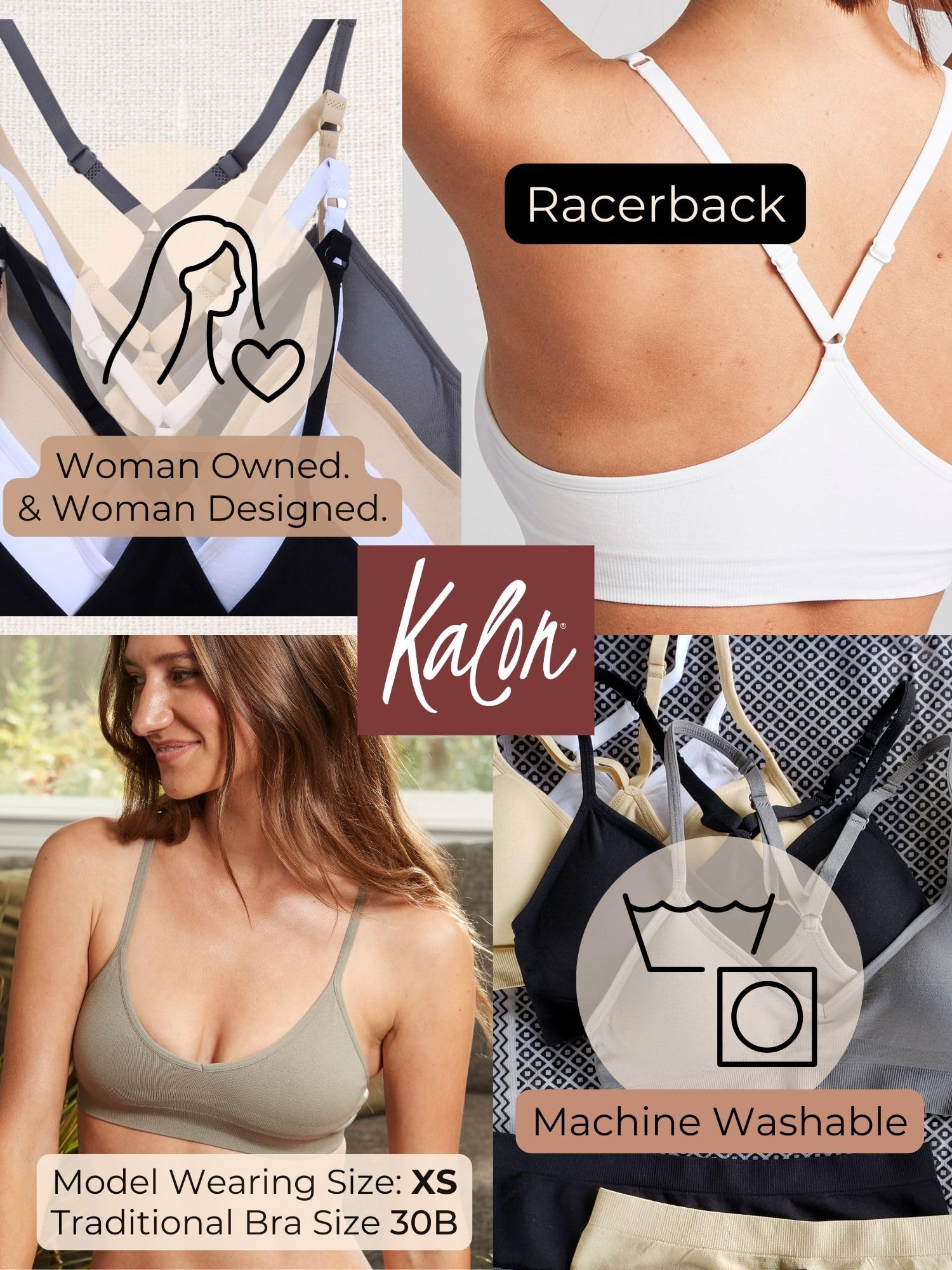 Kalon Women’s 4 Pack Racerback Sports Bralette Seamless Wireless Comfort Bra (Large, Basics)