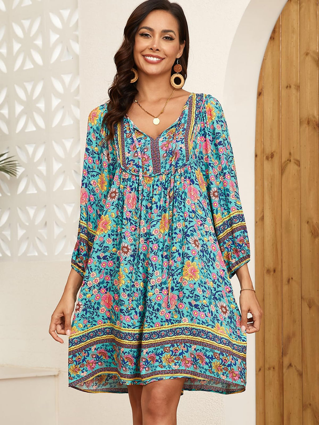Qearal Womens Dresses Casual Summer V Neck 3/4 Sleeve Flowy Beach Boho Floral Dress Blue XL