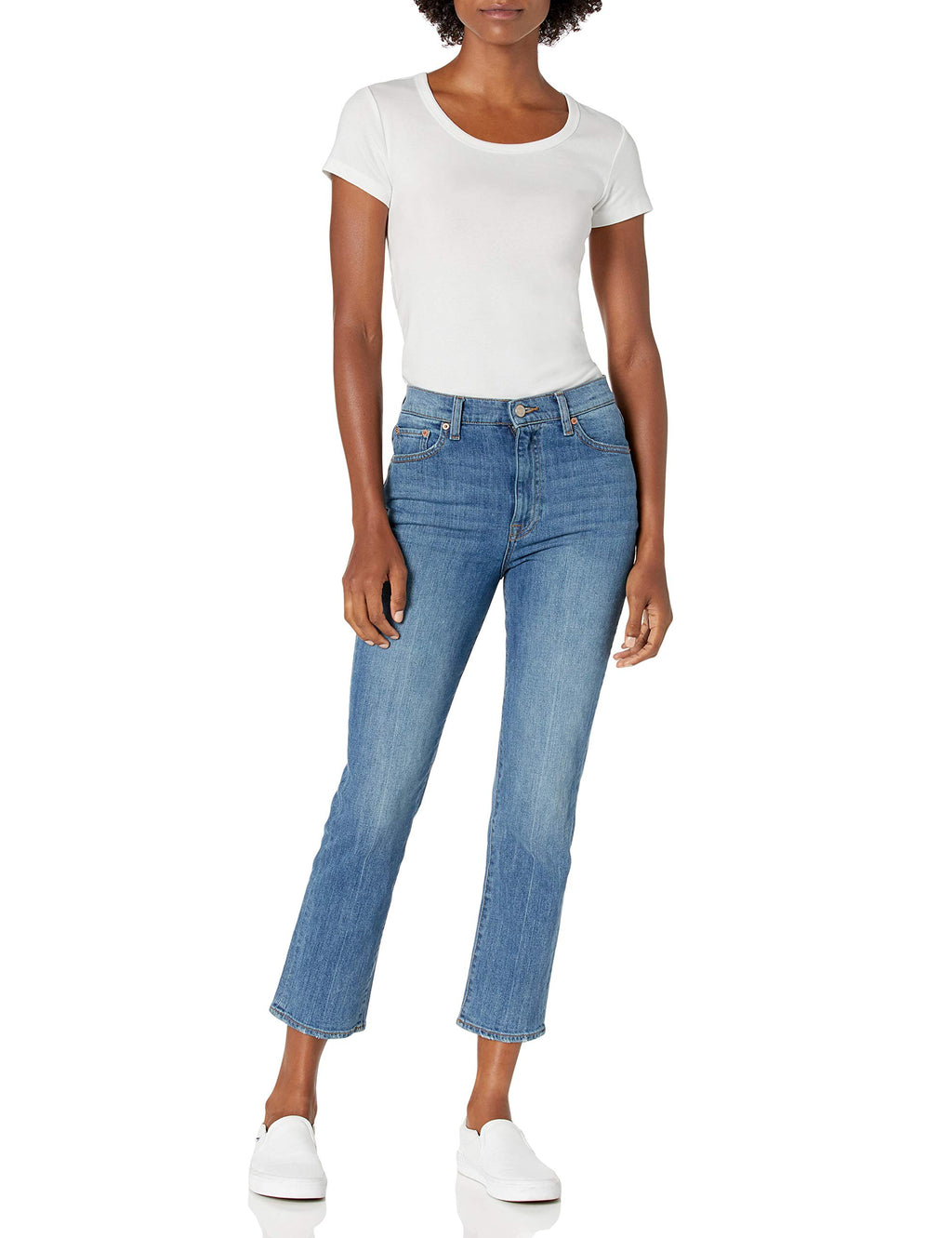 Amazon Essentials Women's Slim-Fit Cap-Sleeve Scoop Neck T-Shirt, Pack of 2, White, Large