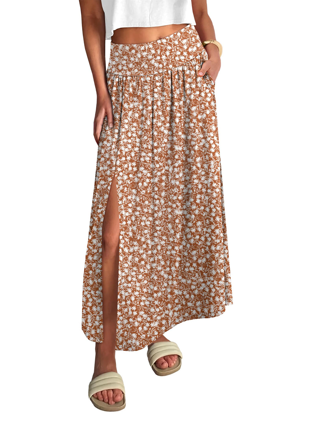 ANRABESS Maxi Skirts for Women Summer Trendy Elastic High Waisted Casual Boho Floral Slit Flowy Skirts with Pockets Fashion Floral Brown Small