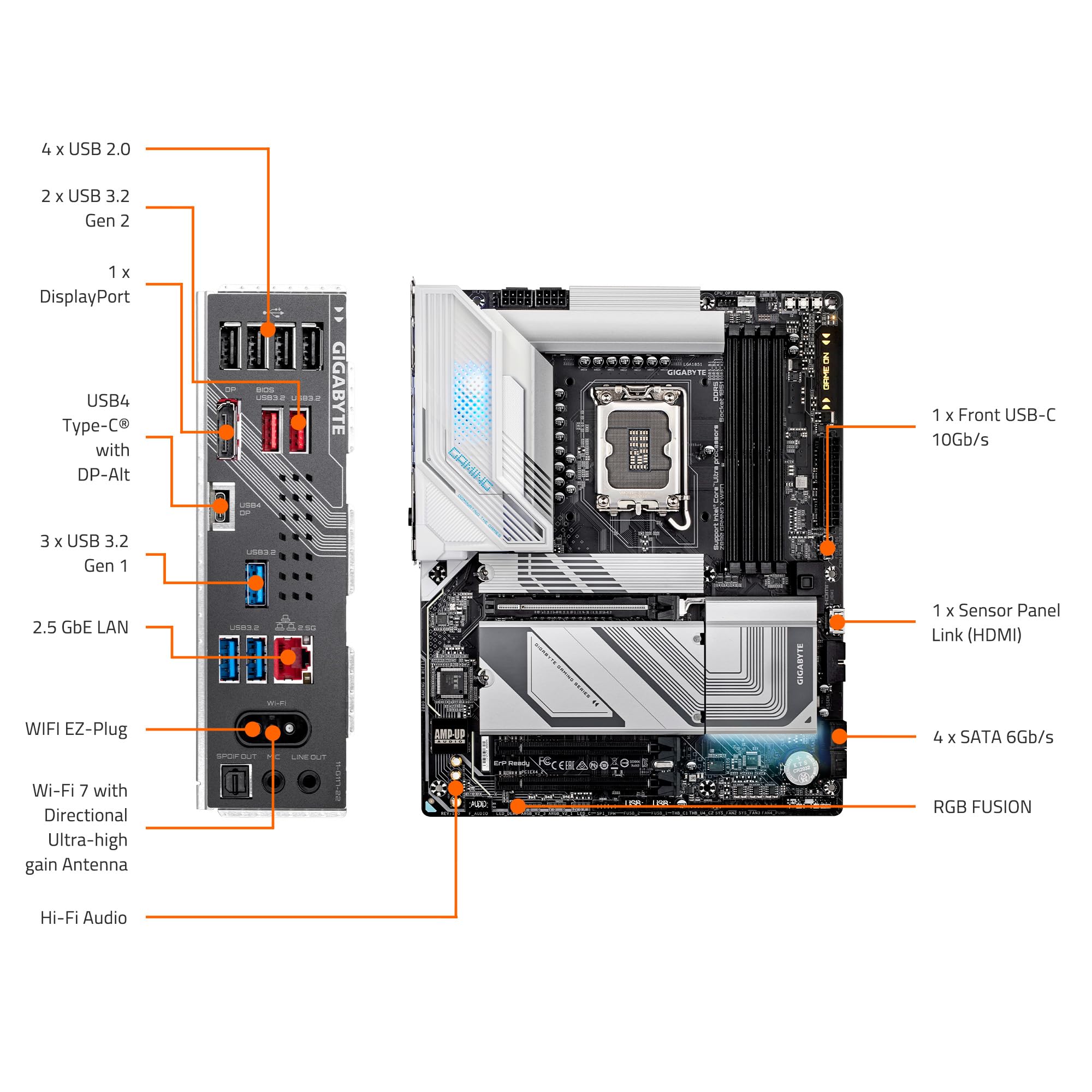 GIGABYTE Z890 Gaming X WIFI7 Intel Core Ultra (Series 2) LGA 1851 Motherboard, ATX, DDR5, 4X M.2, PCIe 5.0, USB4, WIFI7, 2.5GbE LAN, EZ-Latch