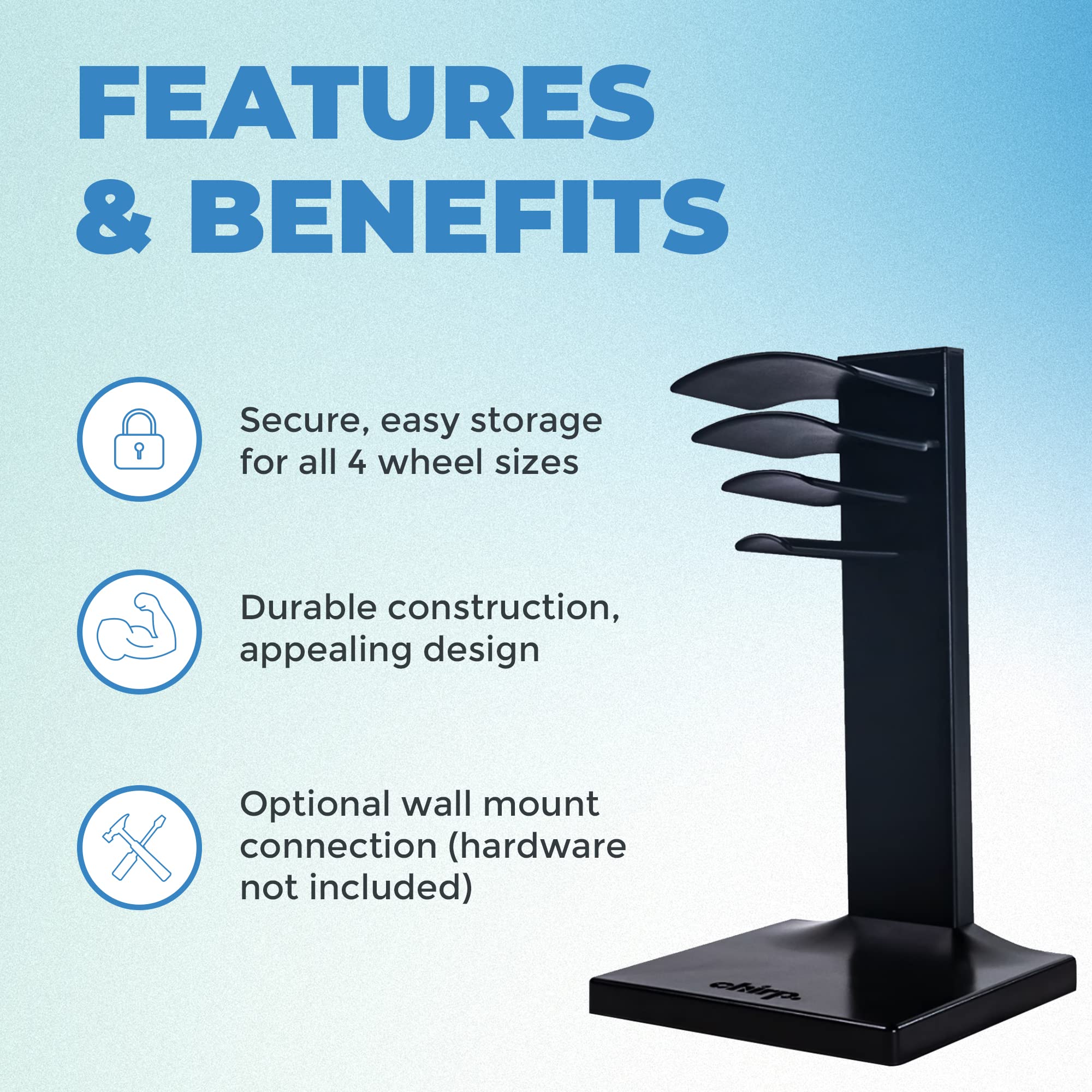 Chirp Wheel Rack - Storage for Muscle Massage Rollers, Secure & Easy Storage for All 4 Roller Sizes (Wheels Not Included)