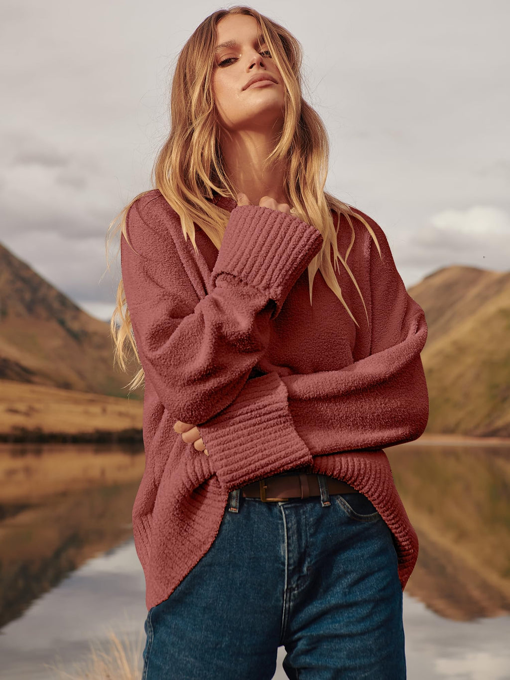 ANRABESS Women's Oversized Sweaters 2025 Long Sleeve Fuzzy Knit Casual Chunky Pullover Sweater Fall Outfits Clothes Rust - Birck Red Small