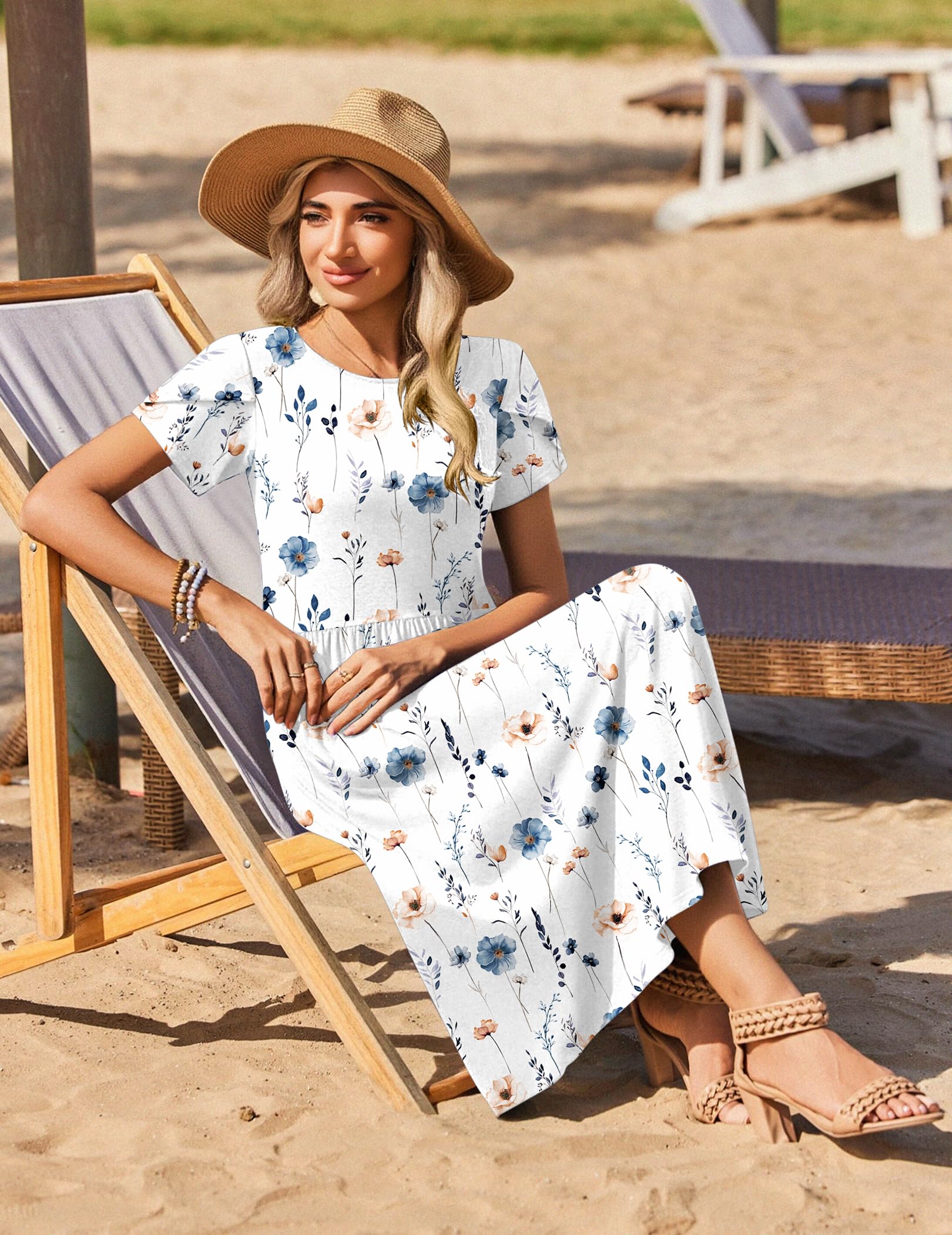 Zeagoo Ladies Summer Dresses Short Sleeve Flowy Round Neck Bohemian Beach Dress White Floral S