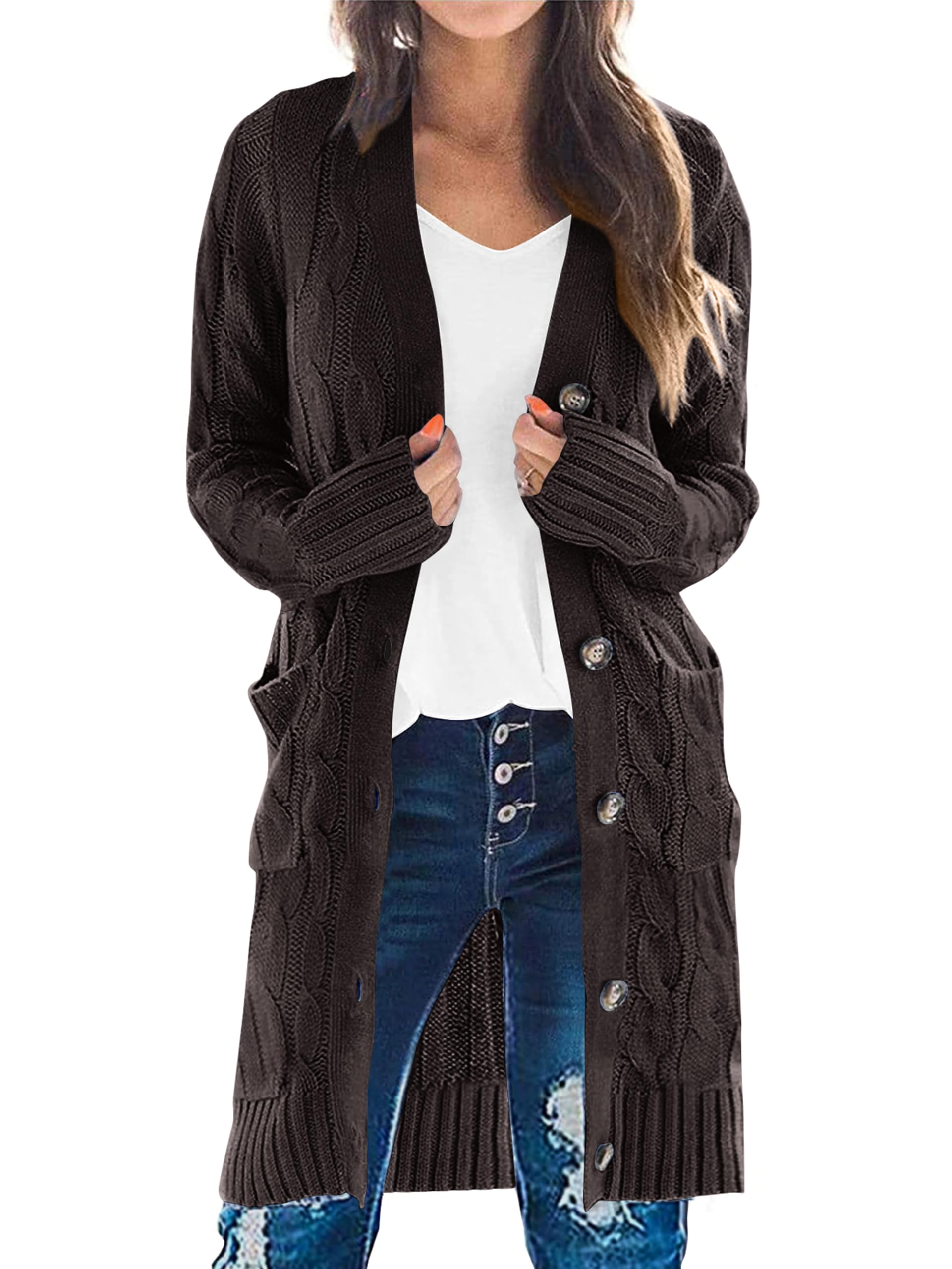 PRETTYGARDEN Long Sleeve Cable Knit Long Cardigan for Women 2026 Spring Winter Chunky Open Front Button Sweaters with Pockets (Dark Grey, Small)