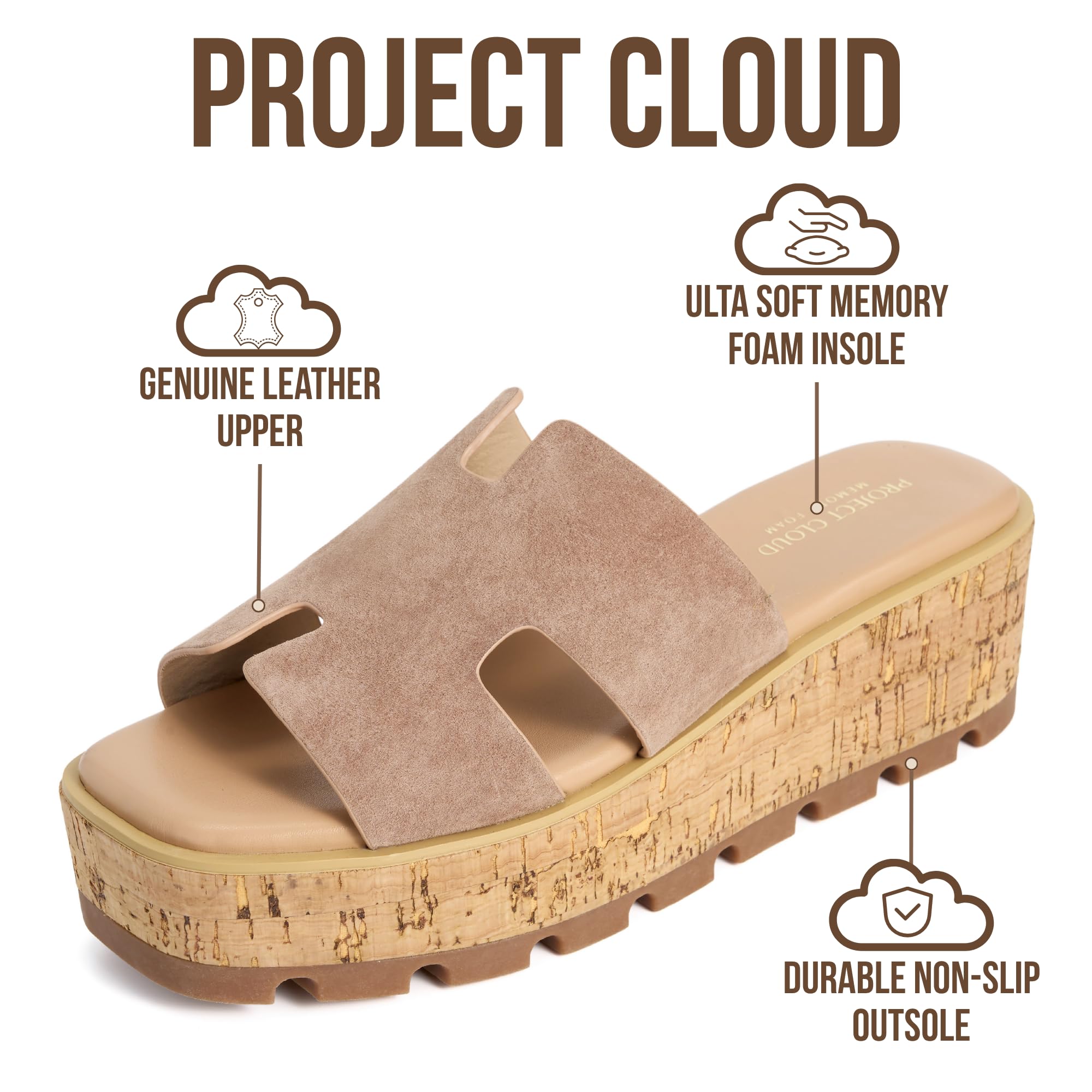 Project Cloud 100% Genuine Leather Wedge Platform Sandals Women Footwear - Memory Foam Insole and Non-Slip Platform Slides for Women - Lightweight Womens Sandals (MILA,SANSUE,9M)