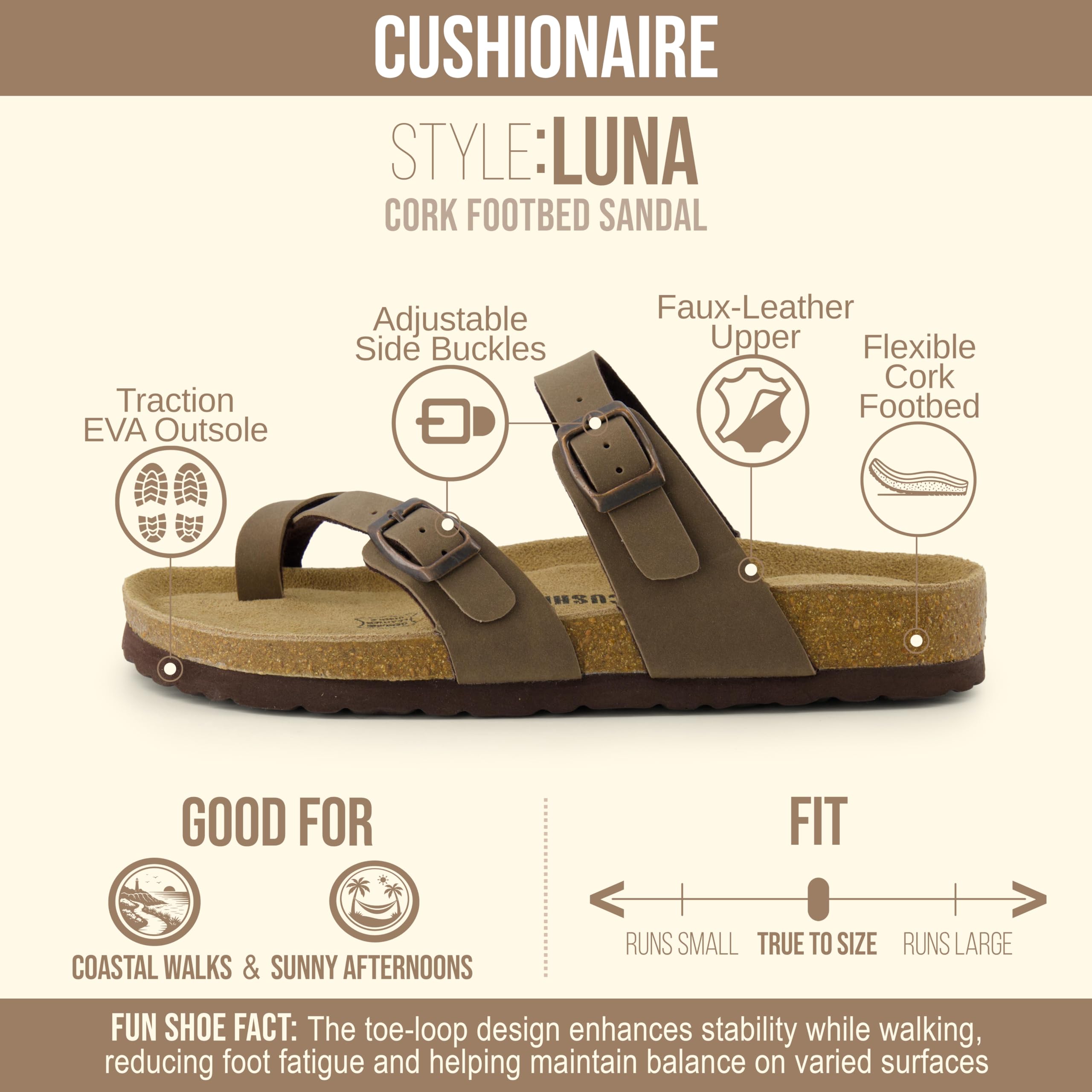 CUSHIONAIRE Luna Sandals for Women, Cork Footbed Womens Sandals for Summer Comfort with Adjustable Straps, Wide Width Available, BROWN 7.5