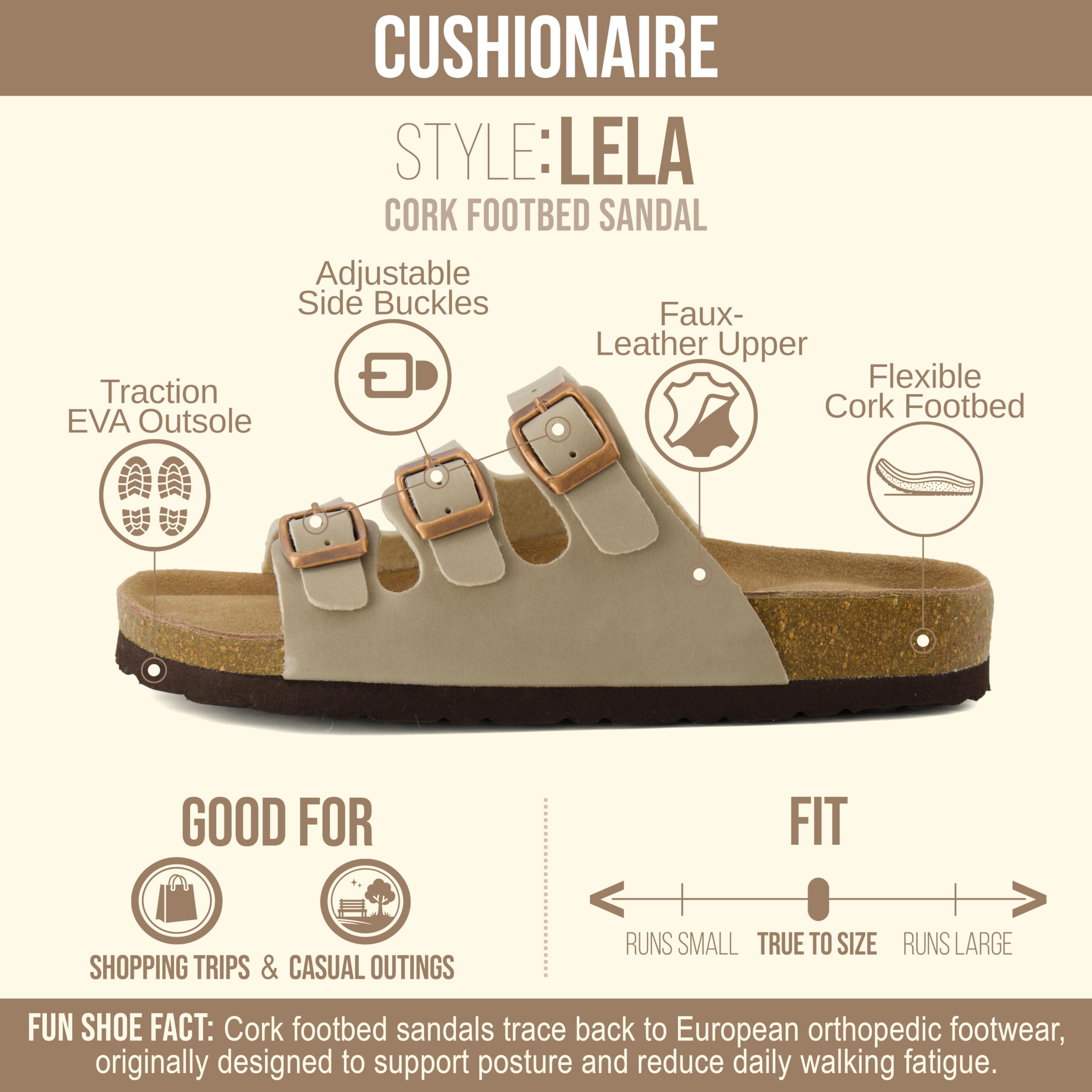 CUSHIONAIRE Lela Slip On Womens Sandals with Vegan Adjustable Straps & Genuine Suede Cork Footbed - Comfortable Memory Foam Sandals for Women 2025, STONE 12W