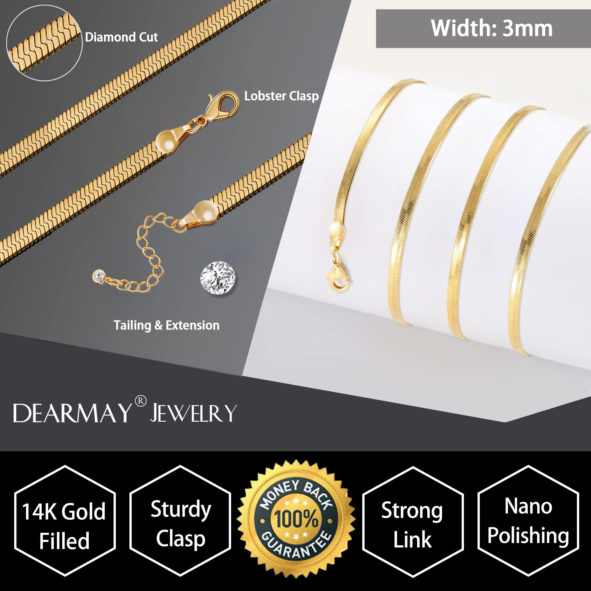 DEARMAY 14K Gold Plated Necklace for Women Dainty Gold Choker Herringbone Necklaces Simple Minimalist Thin Snake Chain Necklace Gold Jewelry Gifts