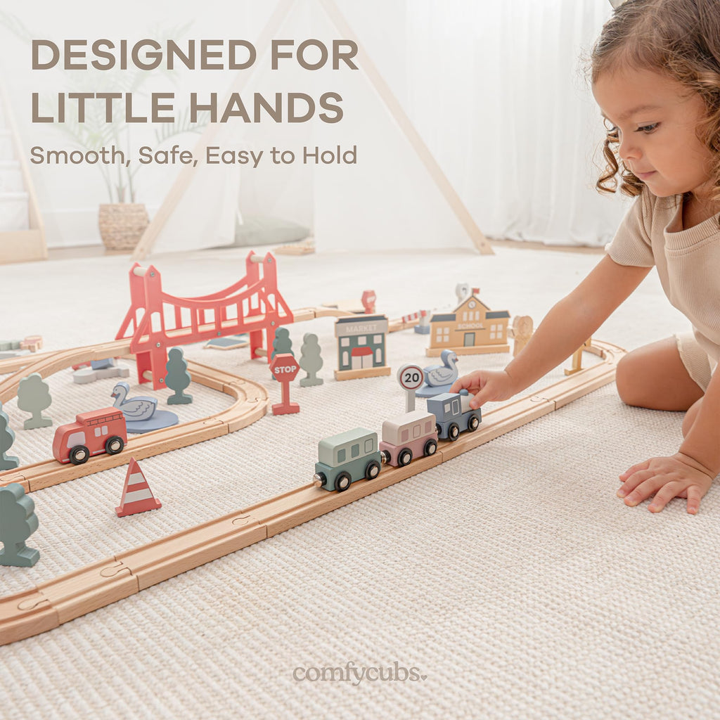 Comfy Cubs 100-Piece Wooden Train Set for Toddlers Ages 1+, Fun & Eco Friendly Toddler Train Set with Wooden Toy Tracks - Creative Toy Town Promoting Imaginative Play with Flexible Configuration