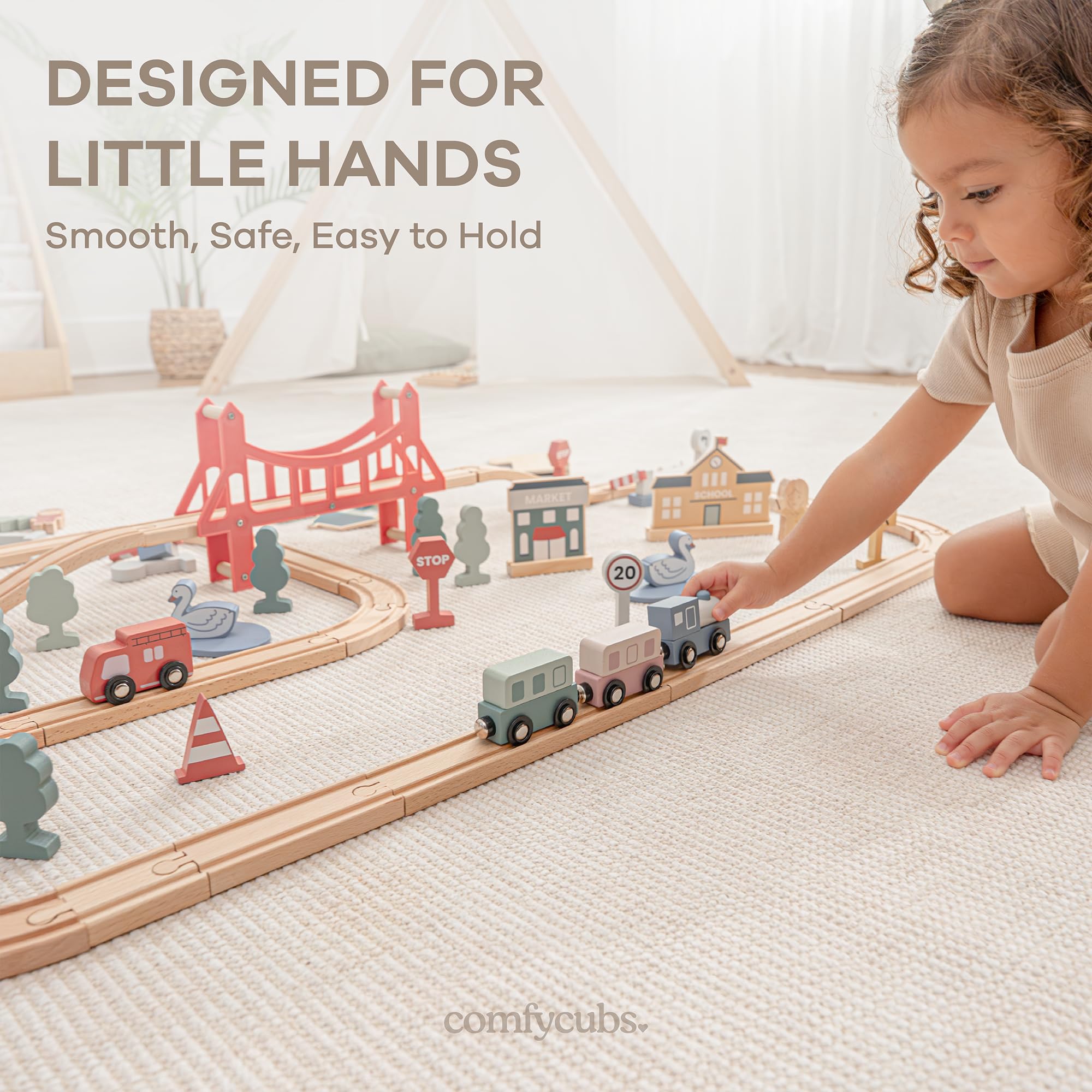 Comfy Cubs 100-Piece Wooden Train Set for Toddlers Ages 1+, Fun & Eco Friendly Toddler Train Set with Wooden Toy Tracks - Creative Toy Town Promoting Imaginative Play with Flexible Configuration