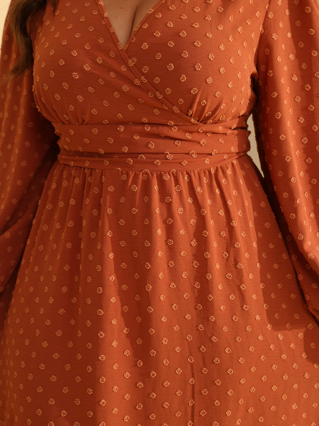 RWJ Women's Plus Size Fall Wedding Guest Dress Wrap V Neck Swiss Dot Lantern Long Sleeve Swing Boho Casual Dresses Burnt Orange X-Large